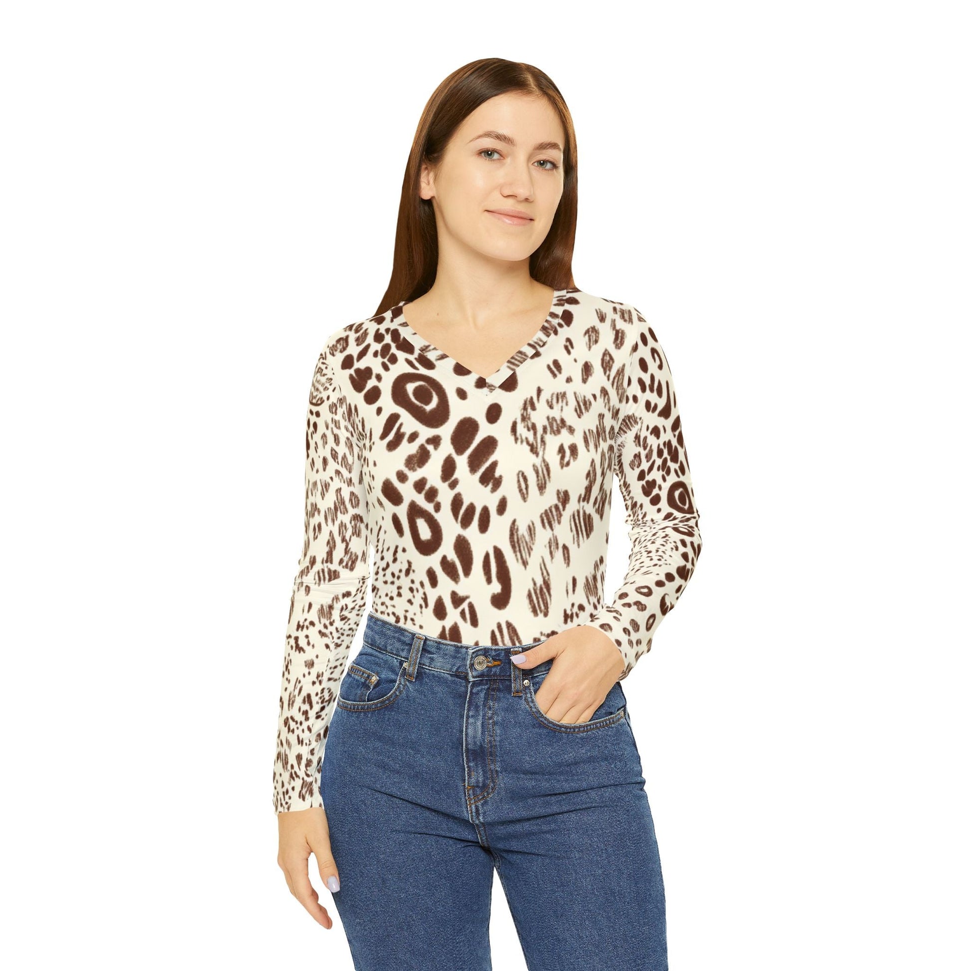 Leopard Print Long Sleeve V-Neck Shirt, Artsulli - Art is Long, Life is Short, All Over Prints, , , , , , , 