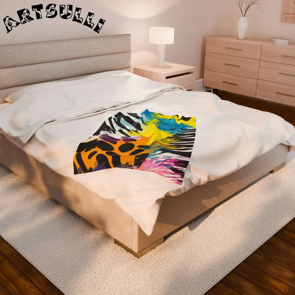 Leopard Stripes Print x Paint Plush Velveteen Blanket, Artsulli - Art is Long, Life is Short, All Over Prints, , , , , , , 