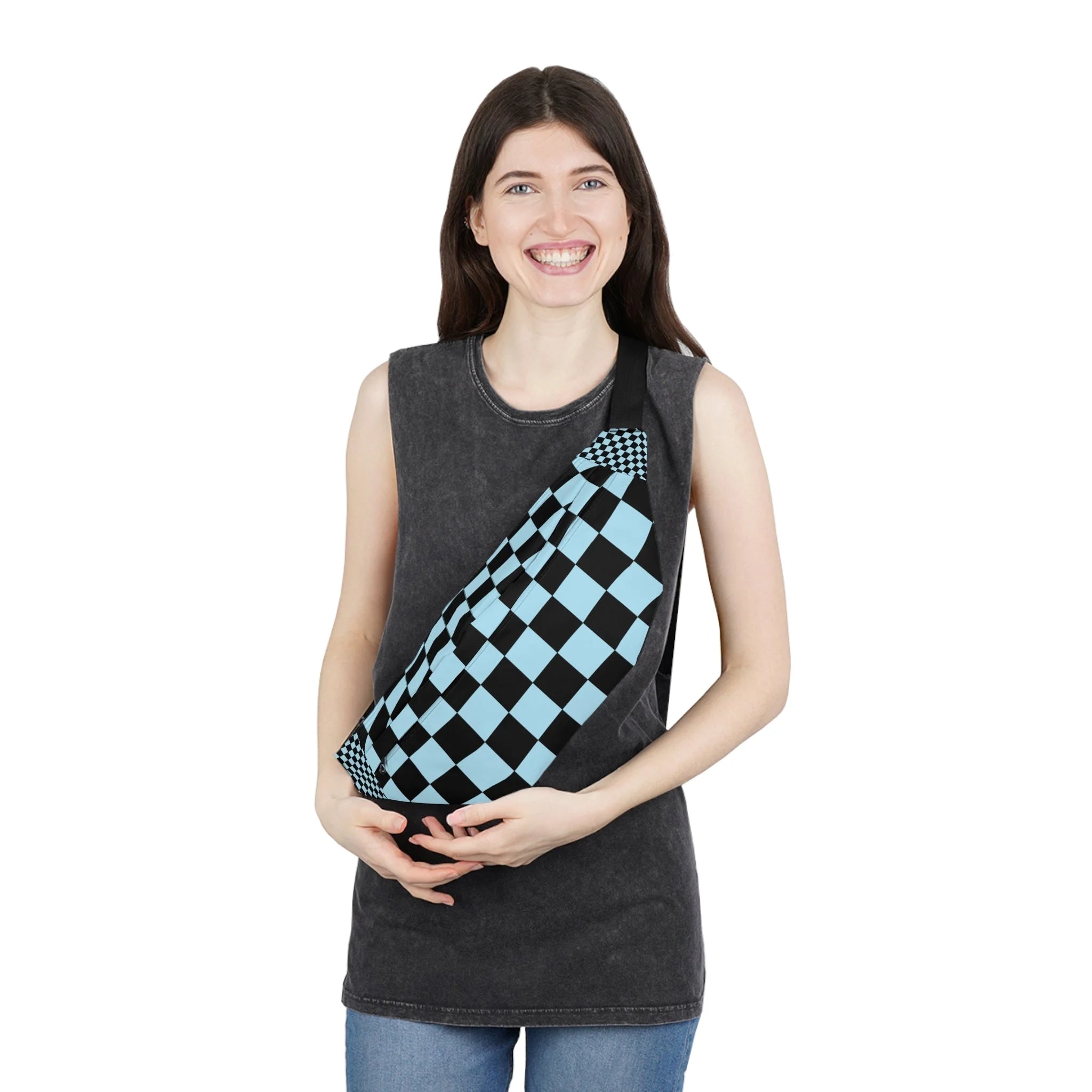 Light Blue and Black Checkerboard Print Fanny Pack, Artsulli - Art is Long, Life is Short, Bags, , , , , , , 