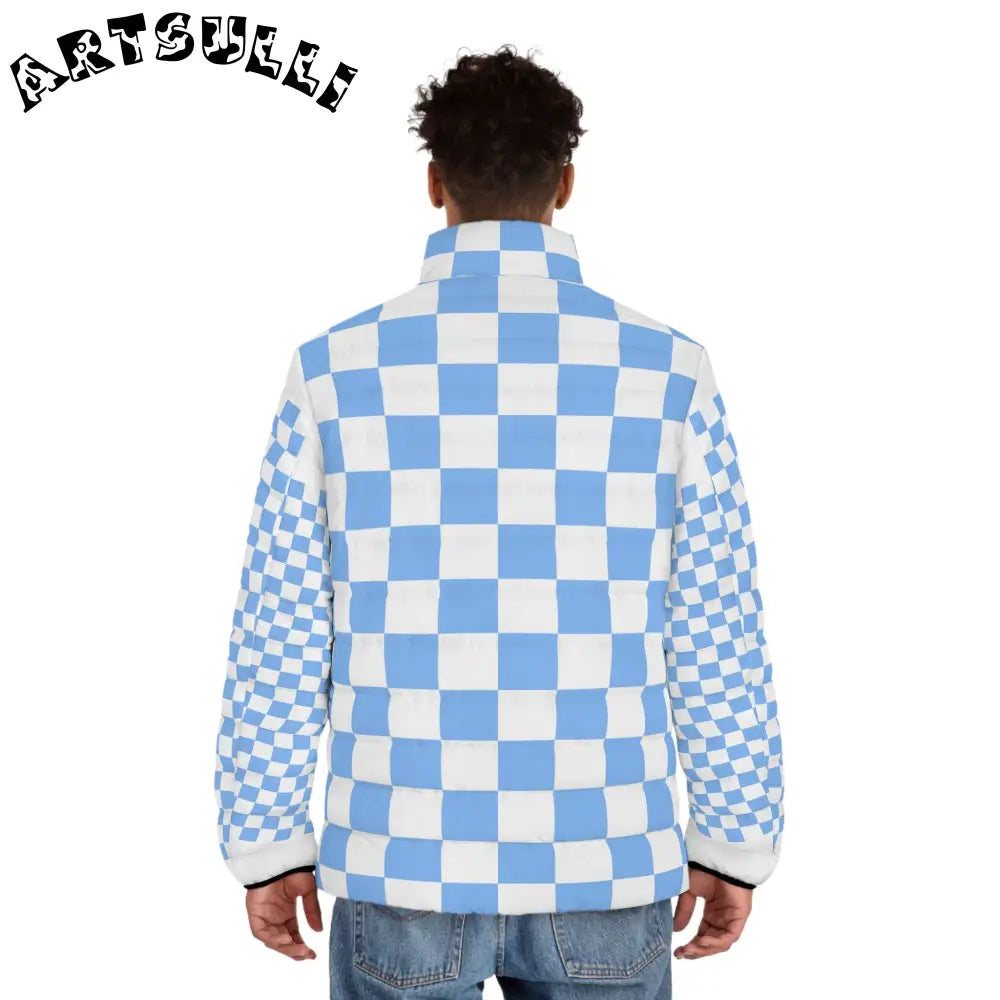 Light Blue Checkerboard Custom Puffer Jacket, Artsulli - Art is Long, Life is Short, All Over Prints, , , , , , , 