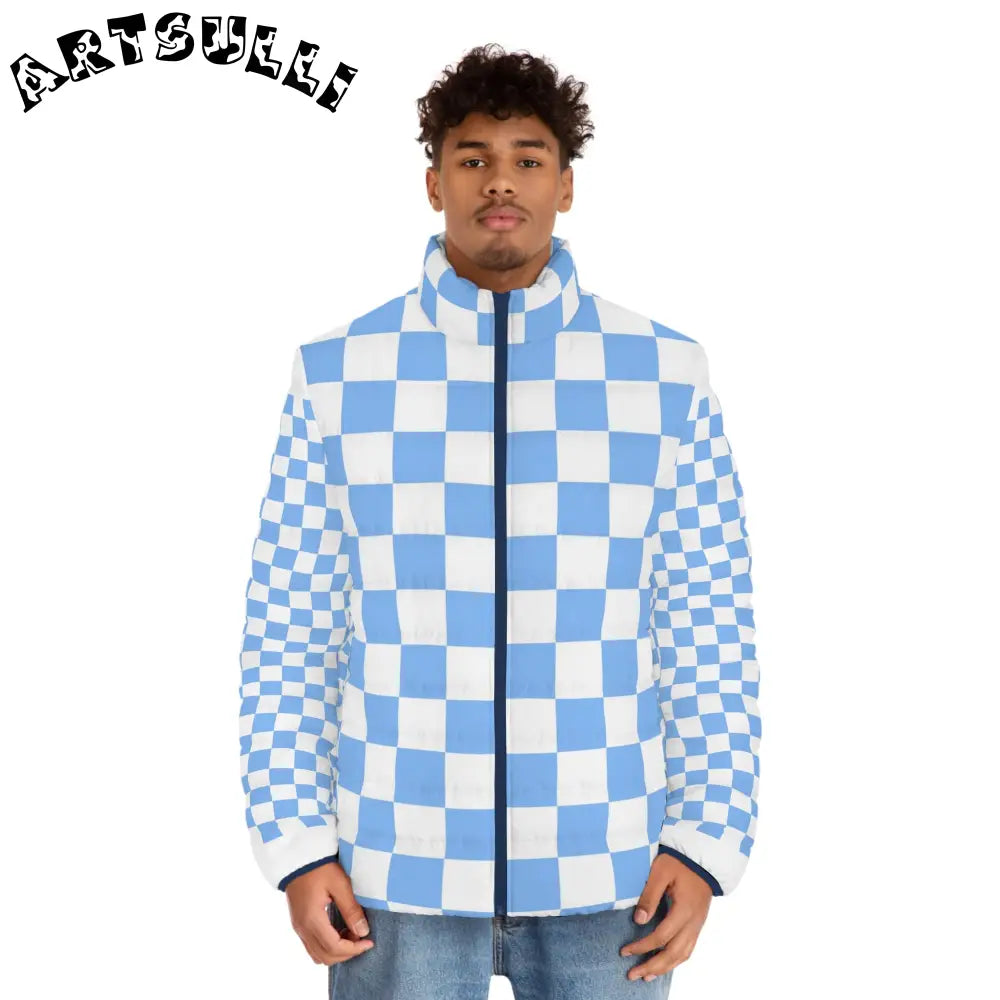 Light Blue Checkerboard Custom Puffer Jacket, Artsulli - Art is Long, Life is Short, All Over Prints, , , , , , , 