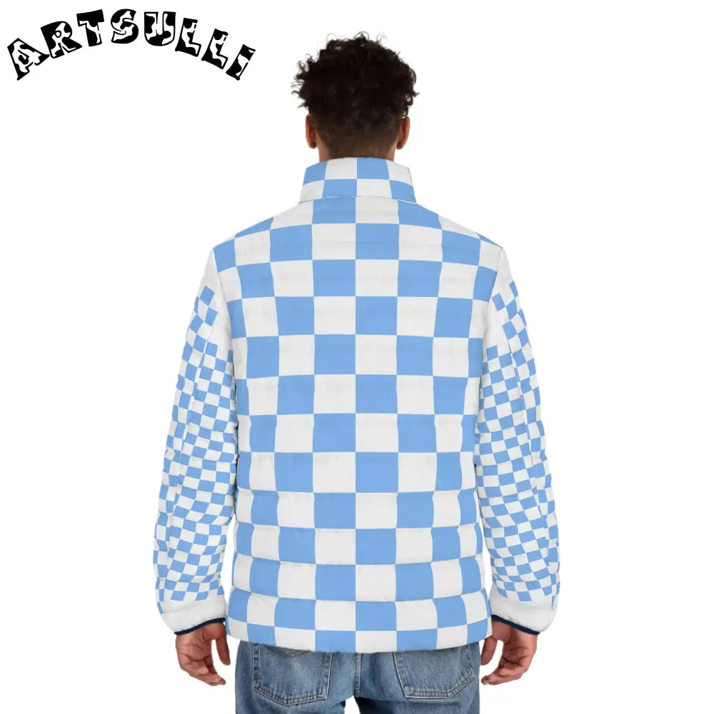 Light Blue Checkerboard Custom Puffer Jacket, Artsulli - Art is Long, Life is Short, All Over Prints, , , , , , , 