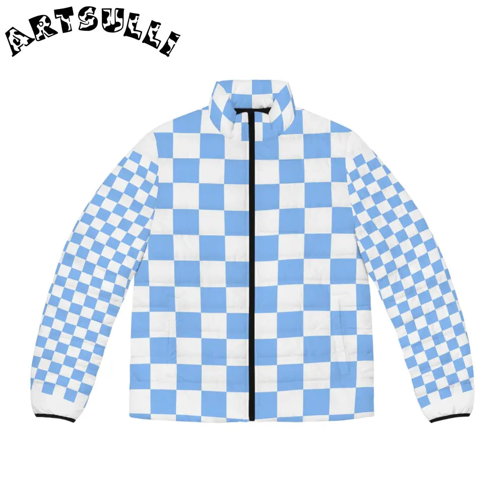 Light Blue Checkerboard Custom Puffer Jacket, Artsulli - Art is Long, Life is Short, All Over Prints, Size, S, Color, Black zipper, , , 80898335222238303817