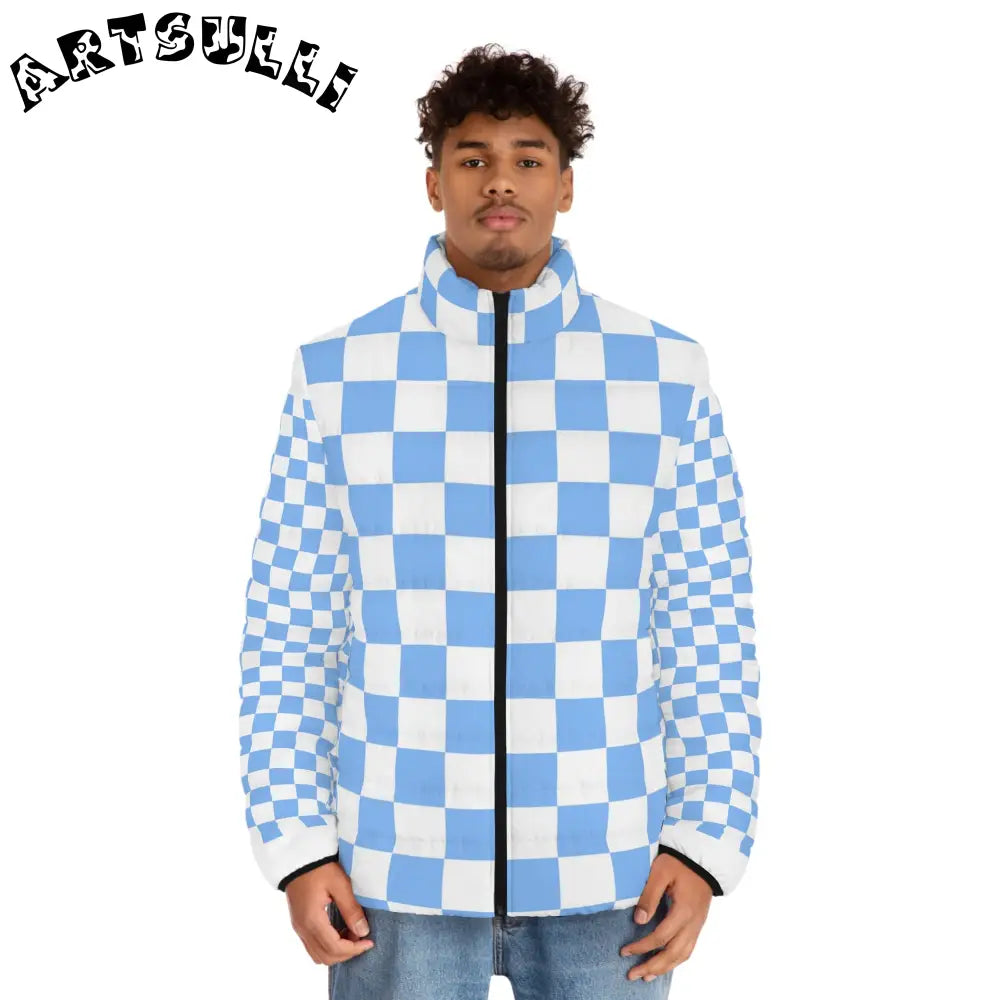 Light Blue Checkerboard Custom Puffer Jacket, Artsulli - Art is Long, Life is Short, All Over Prints, , , , , , , 