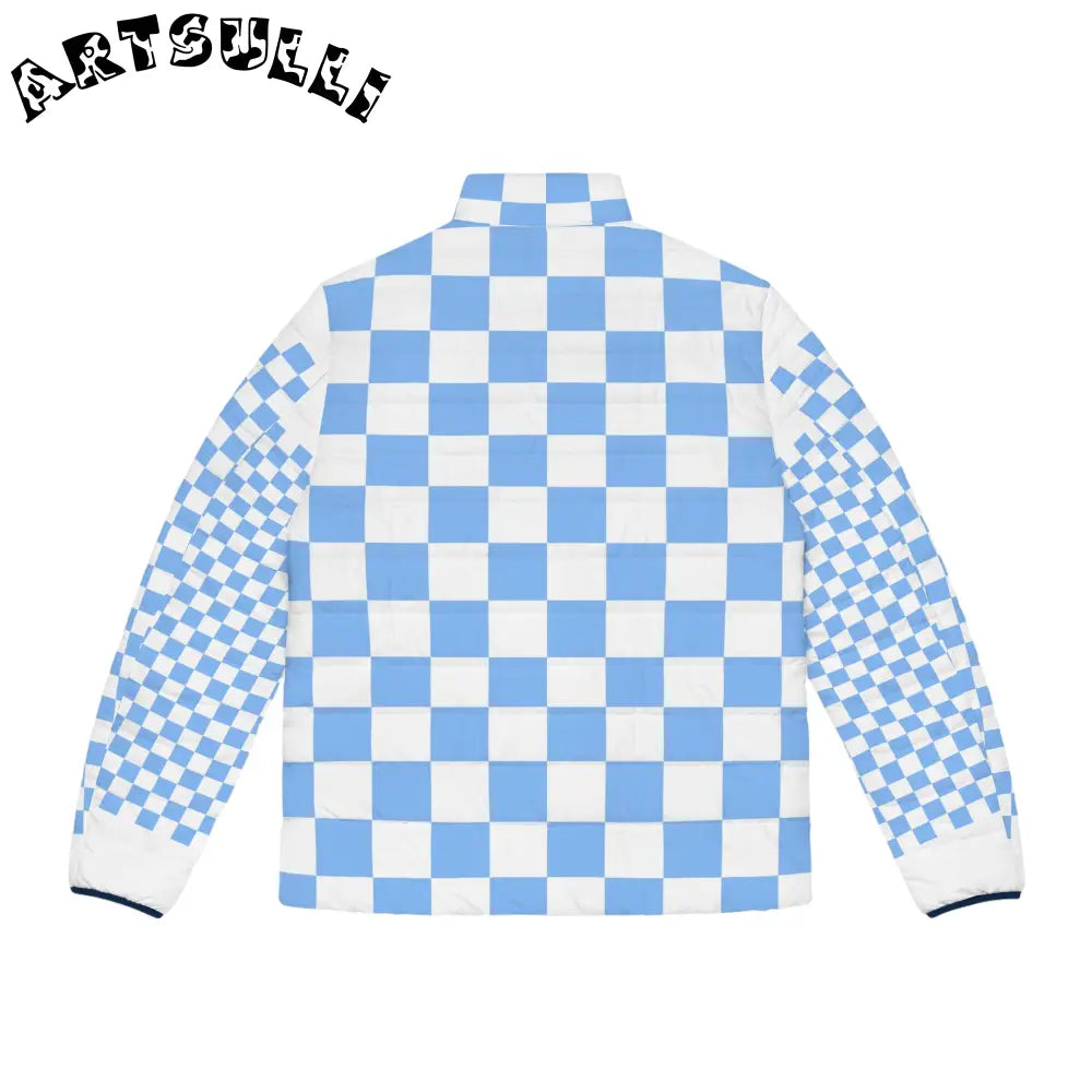 Light Blue Checkerboard Custom Puffer Jacket, Artsulli - Art is Long, Life is Short, All Over Prints, , , , , , , 