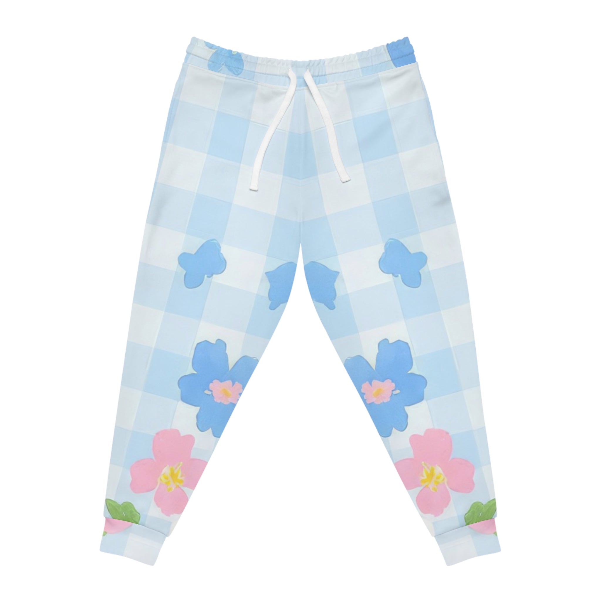 Light Blue Checkered Floral Cloud Joggers, Artsulli - Art is Long, Life is Short, All Over Prints, Size, S, Color, Seam thread color automatically matched to design, , , 19846424646493416718