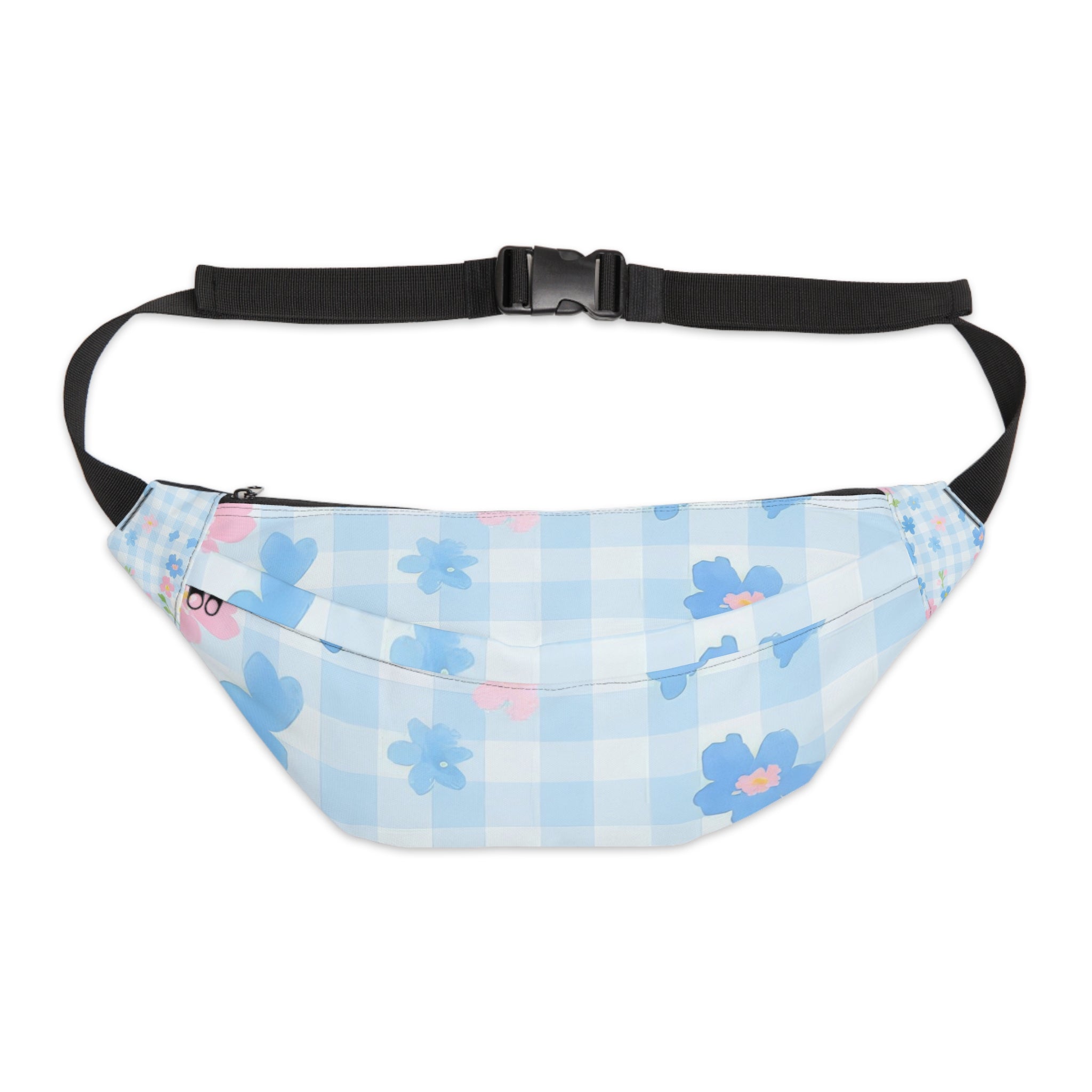 Light Blue Checkered Floral Fanny Pack, Artsulli - Art is Long, Life is Short, Bags, Size, 8" × 9" × 4'', , , , , 85881443185274325409