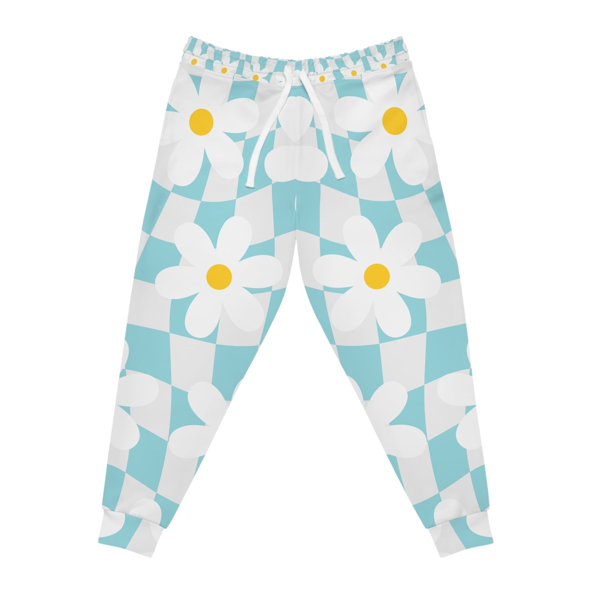 Light Blue Daisy Checkered Joggers, Artsulli - Art is Long, Life is Short, All Over Prints, Size, S, Color, Seam thread color automatically matched to design, , , 12388687066665245393