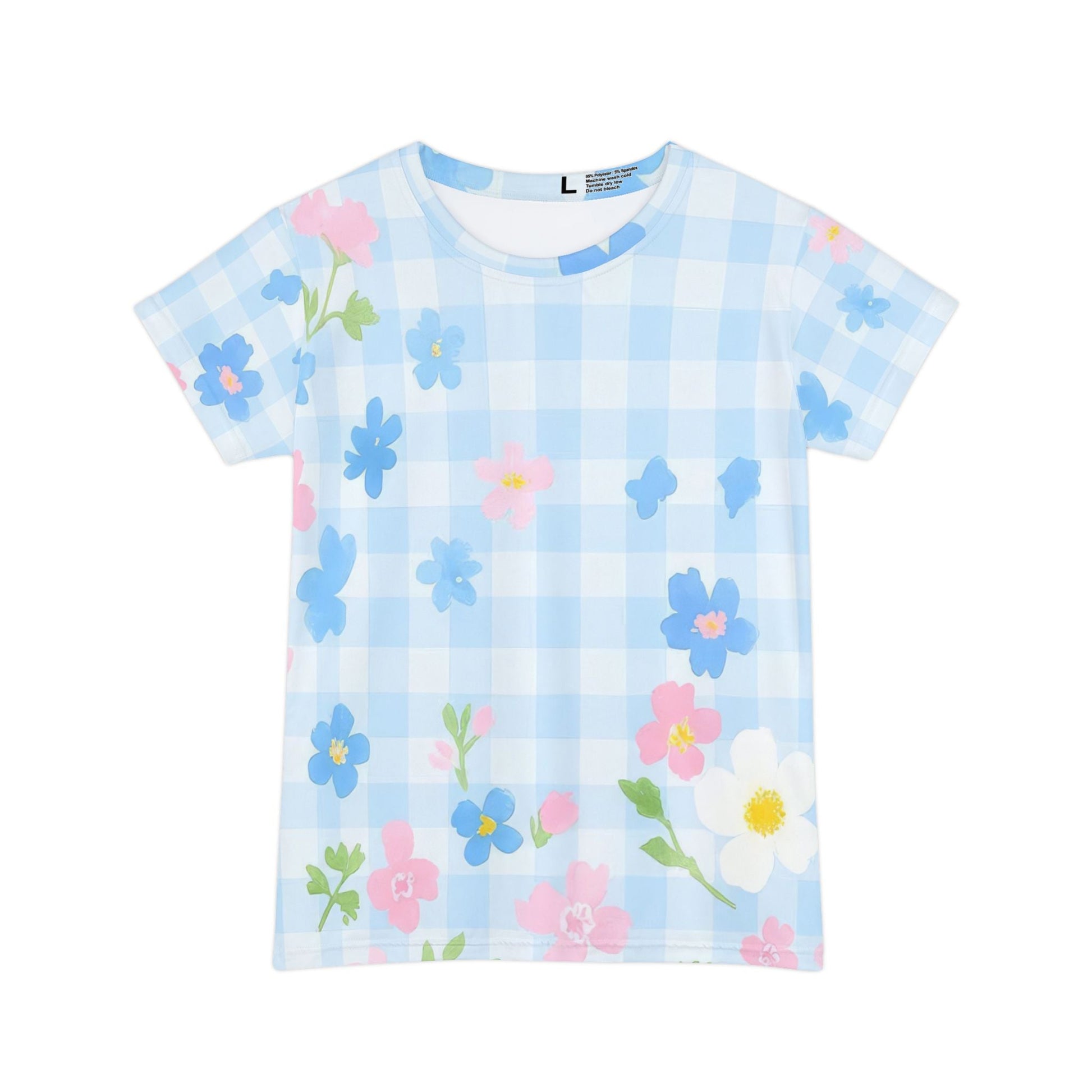 Light Blue Floral Gingham T-Shirt, Artsulli - Art is Long, Life is Short, All Over Prints, Size, XS, , , , , 70137911644348457489