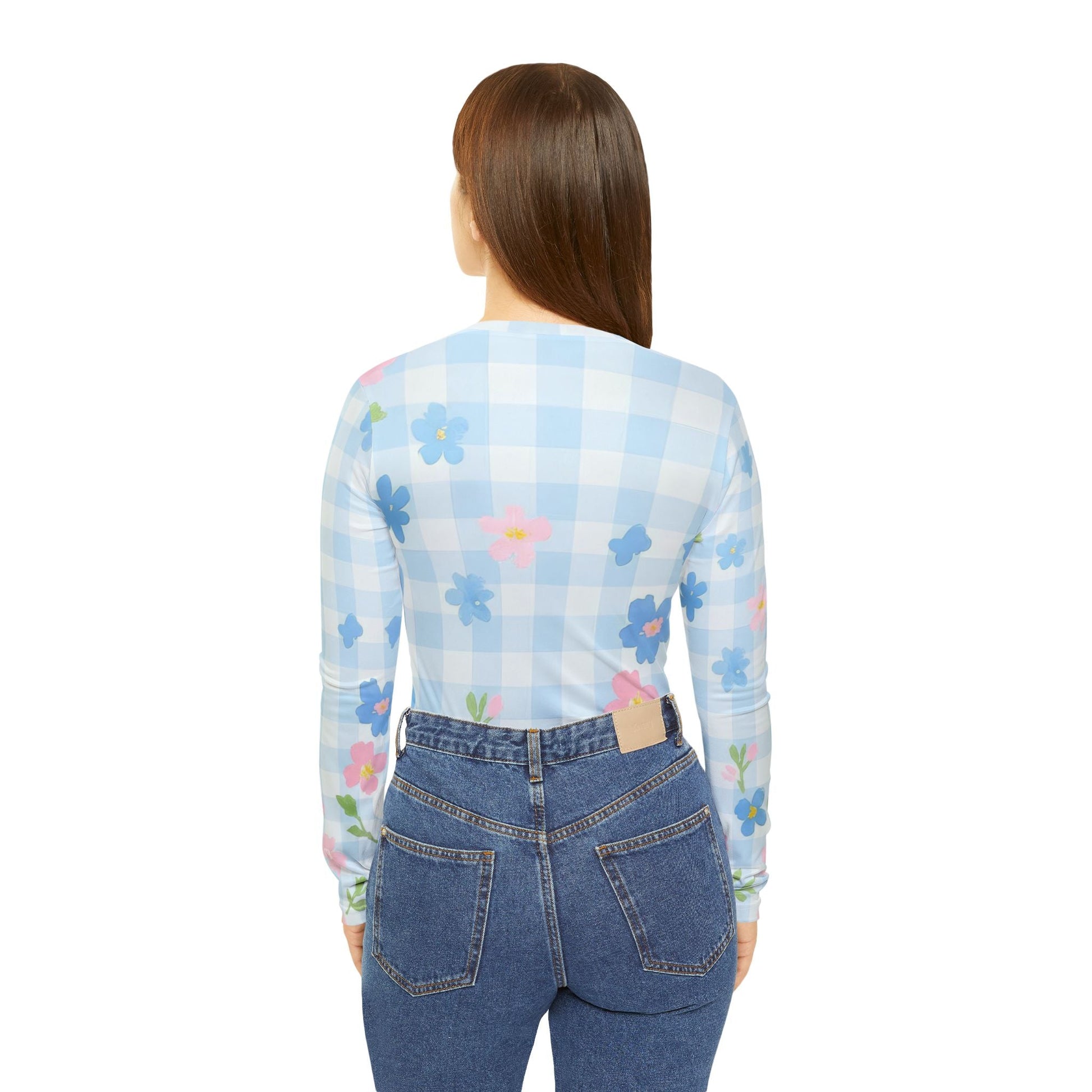 Light Blue Floral Gingham V-Neck Shirt, Artsulli - Art is Long, Life is Short, All Over Prints, , , , , , , 