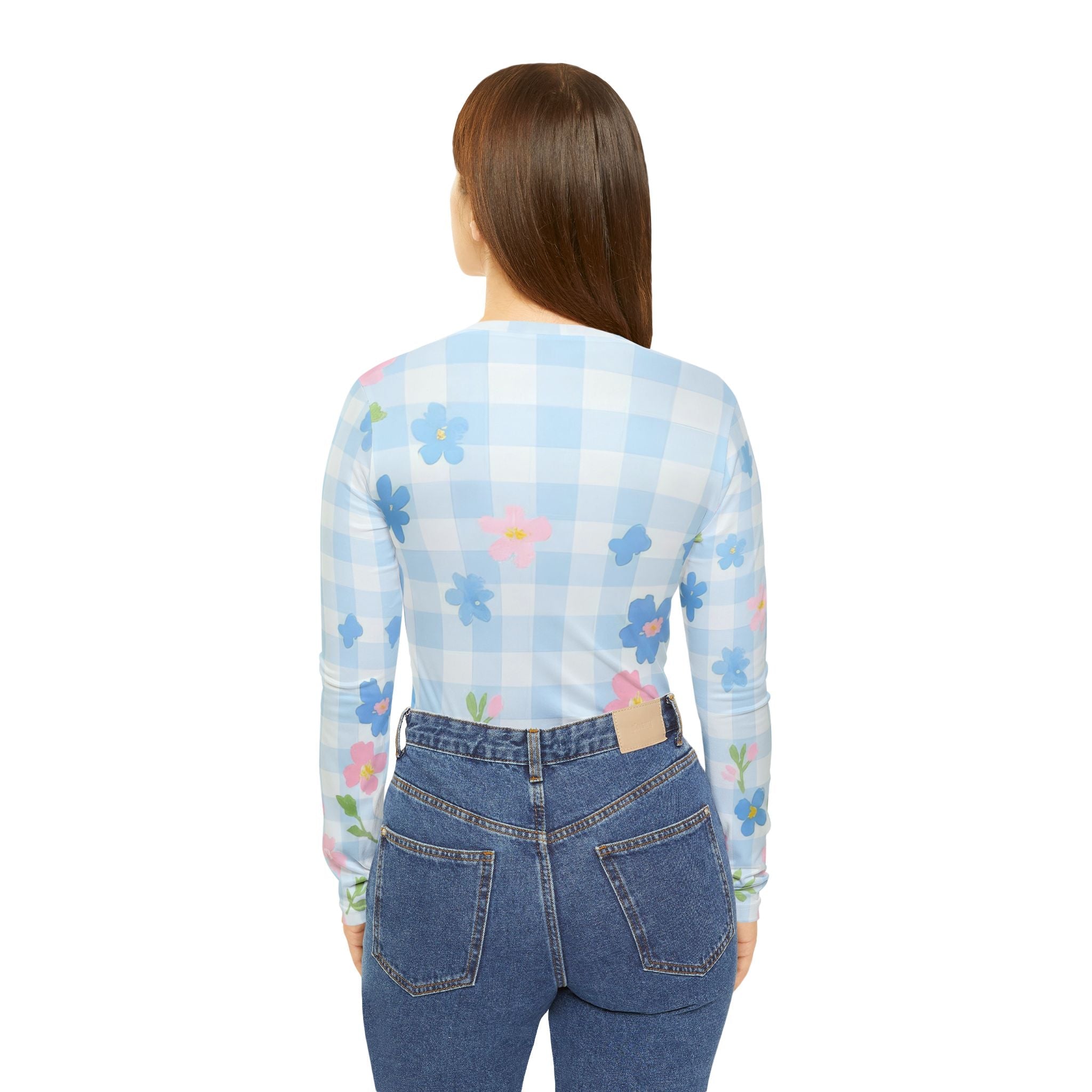 Light Blue Floral Gingham V-Neck Shirt, Artsulli - Art is Long, Life is Short, All Over Prints, , , , , , , 