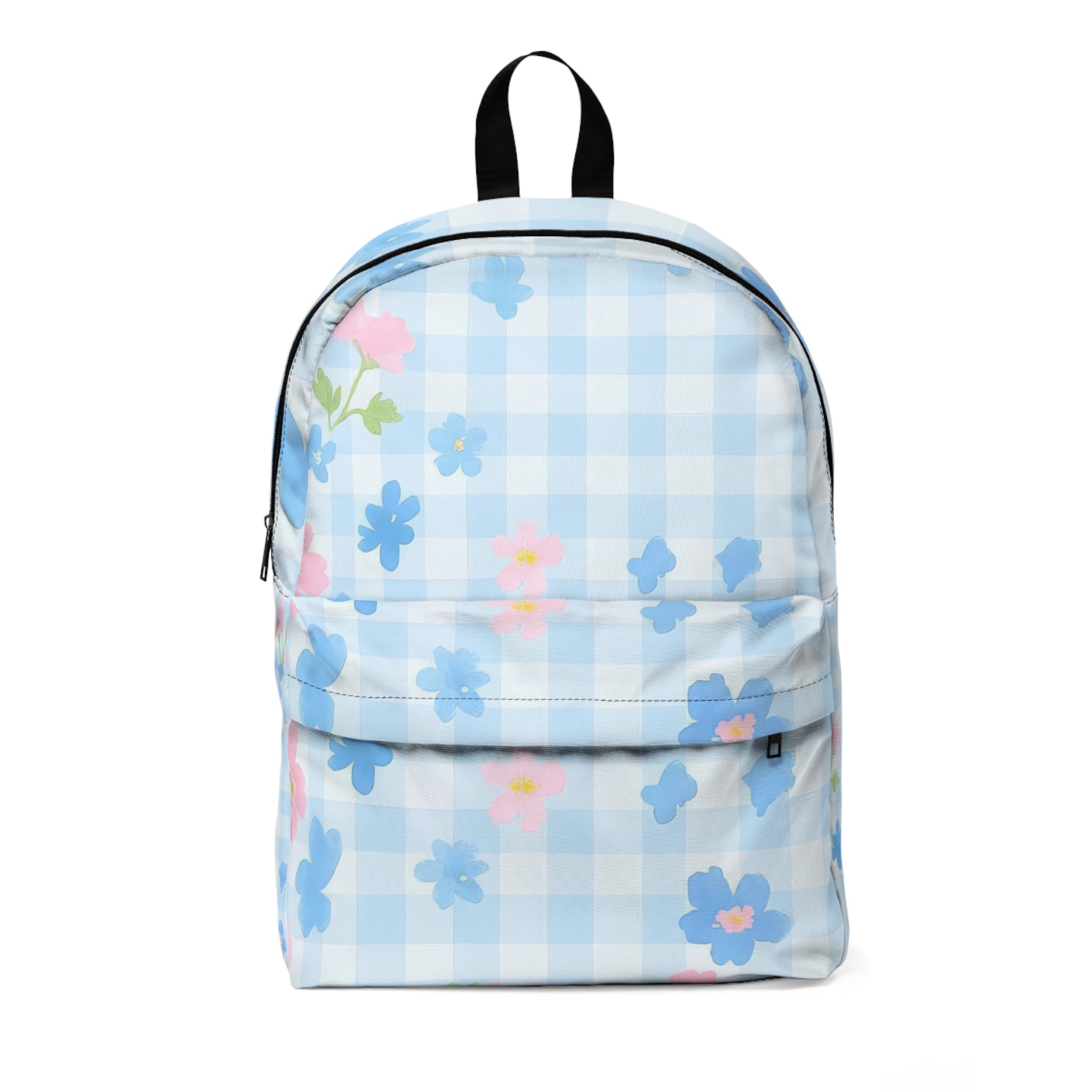 Light Blue Gingham Floral Backpack, Artsulli - Art is Long, Life is Short, Bags, Size, One size, , , , , 88557760204353553504