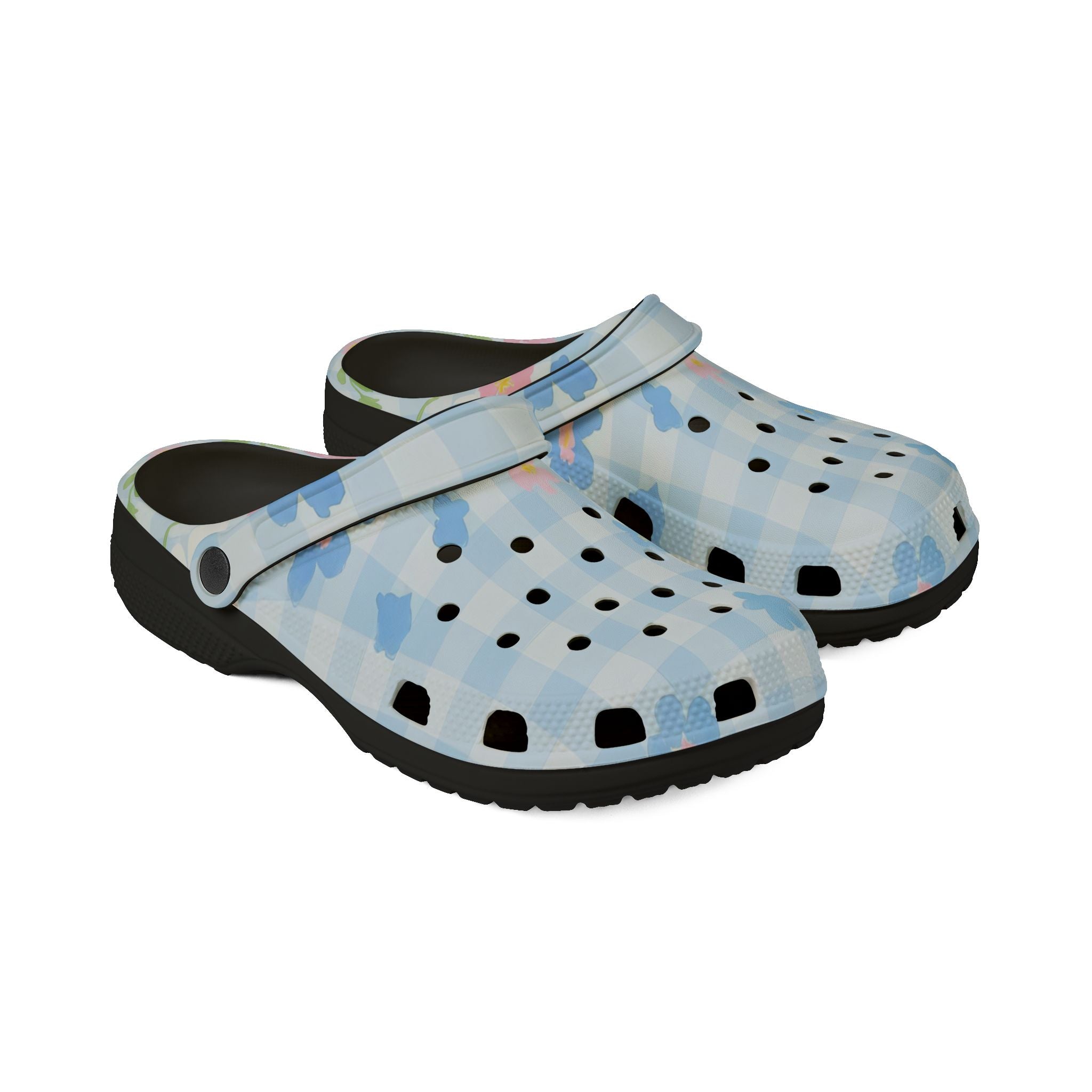 Light Blue Gingham Floral EVA Foam Clogs, Artsulli - Art is Long, Life is Short, Shoes, , , , , , , 