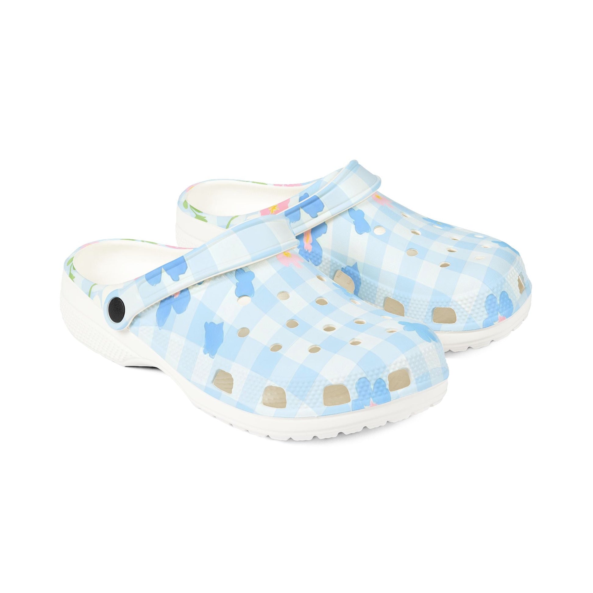 Light Blue Gingham Floral EVA Foam Clogs, Artsulli - Art is Long, Life is Short, Shoes, , , , , , , 