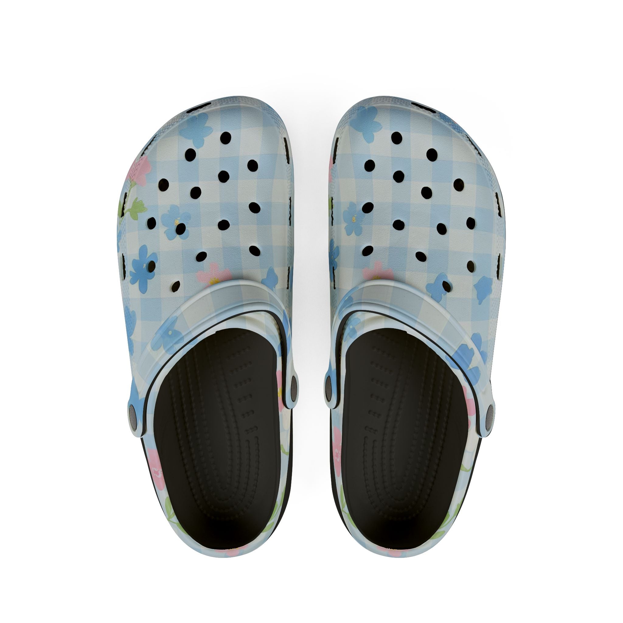 JAKKOUTTHEBXX Light Blue Gingham Floral EVA Foam Clogs 2025