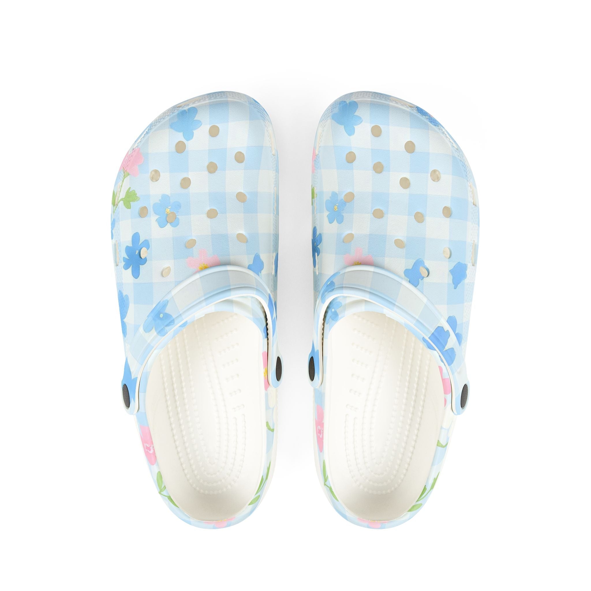JAKKOUTTHEBXX Light Blue Gingham Floral EVA Foam Clogs 2025