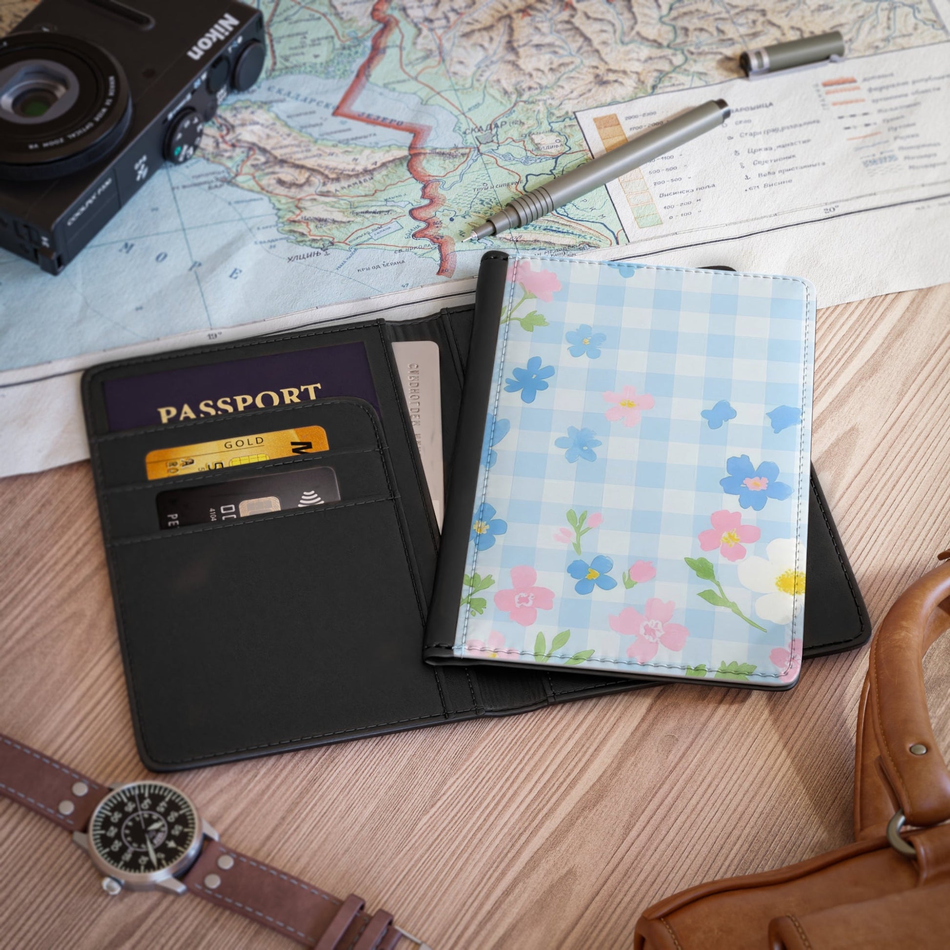 Light Blue Gingham Floral Passport Cover, Artsulli - Art is Long, Life is Short, Accessories, , , , , , , 