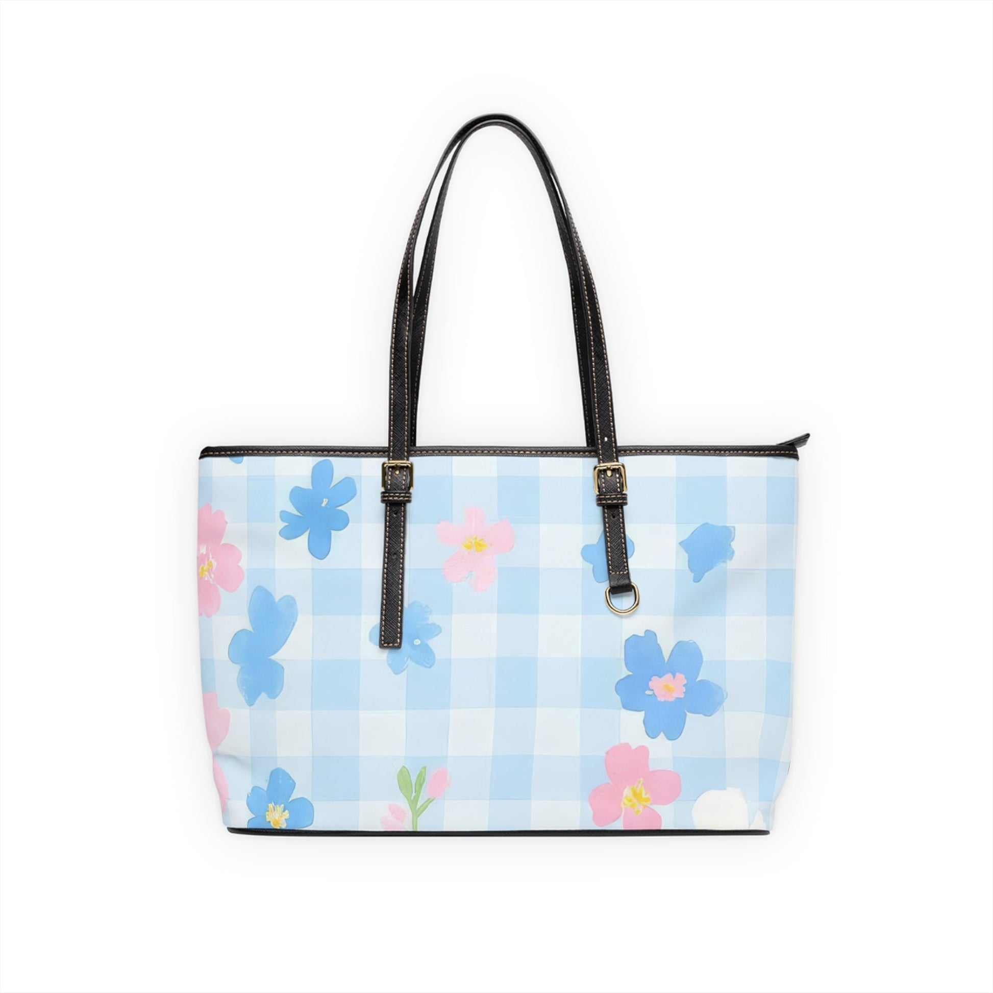 Light Blue Gingham Floral Shoulder Bag, Artsulli - Art is Long, Life is Short, Bags, Size, 17" x 11", Color, Black, , , 33488142104334958289
