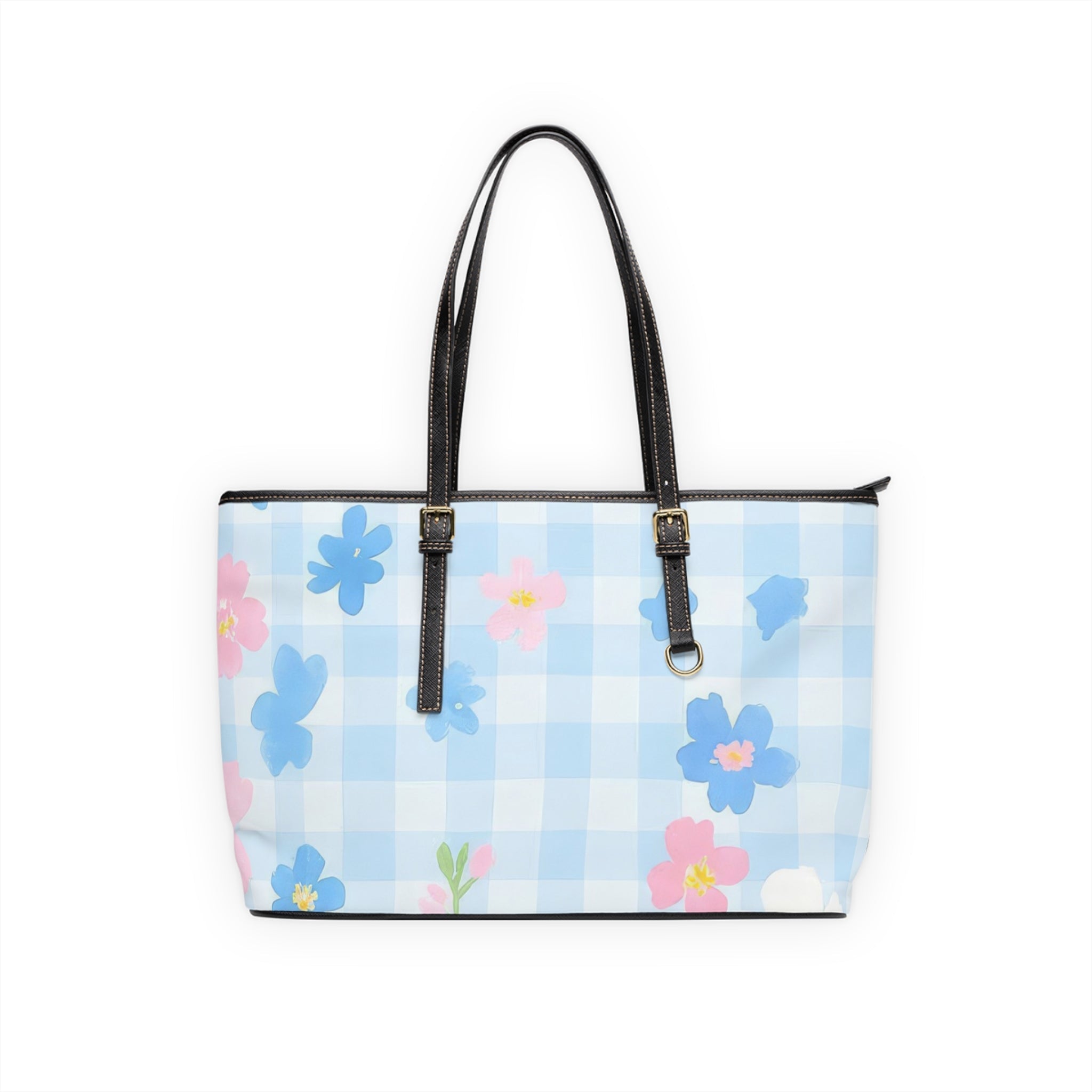 Light Blue Gingham Floral Shoulder Bag, Artsulli - Art is Long, Life is Short, Bags, Size, 17" x 11", Color, Black, , , 33488142104334958289
