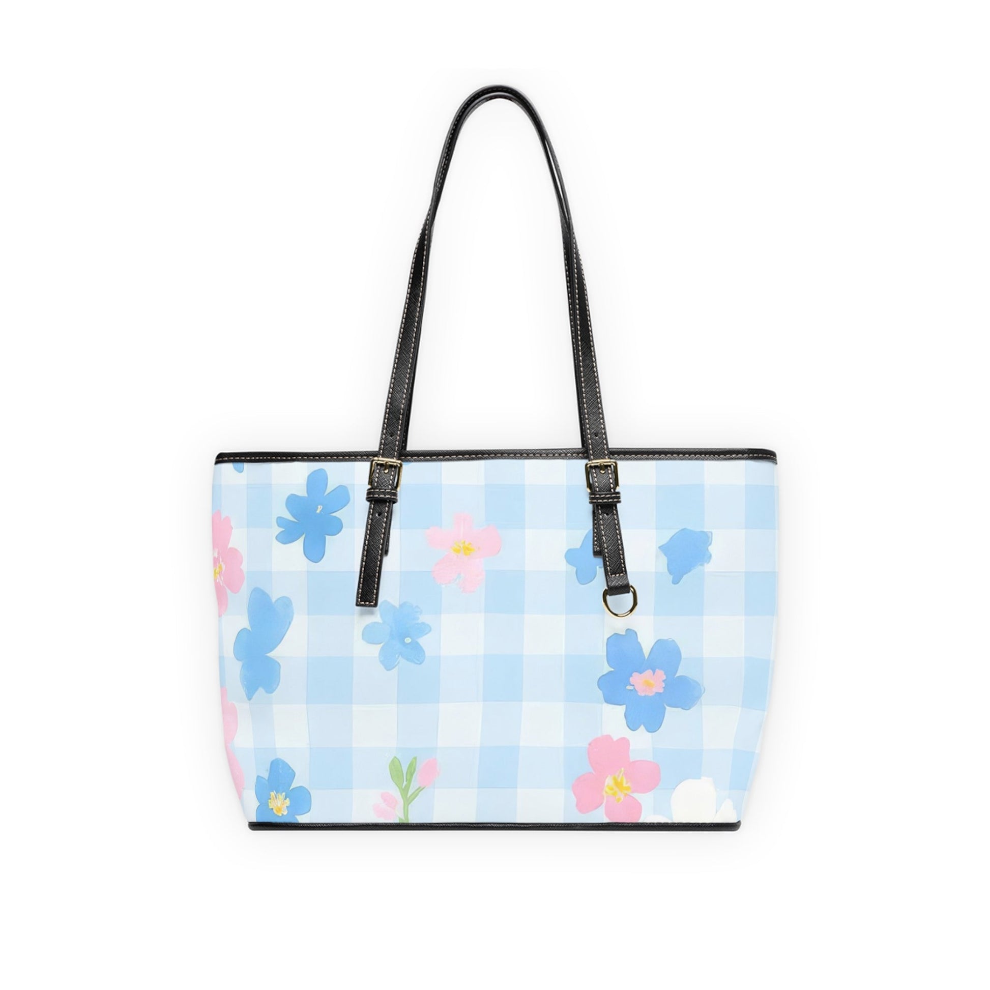 Light Blue Gingham Floral Shoulder Bag, Artsulli - Art is Long, Life is Short, Bags, Size, 16" x 10", Color, Black, , , 32394980154753564945