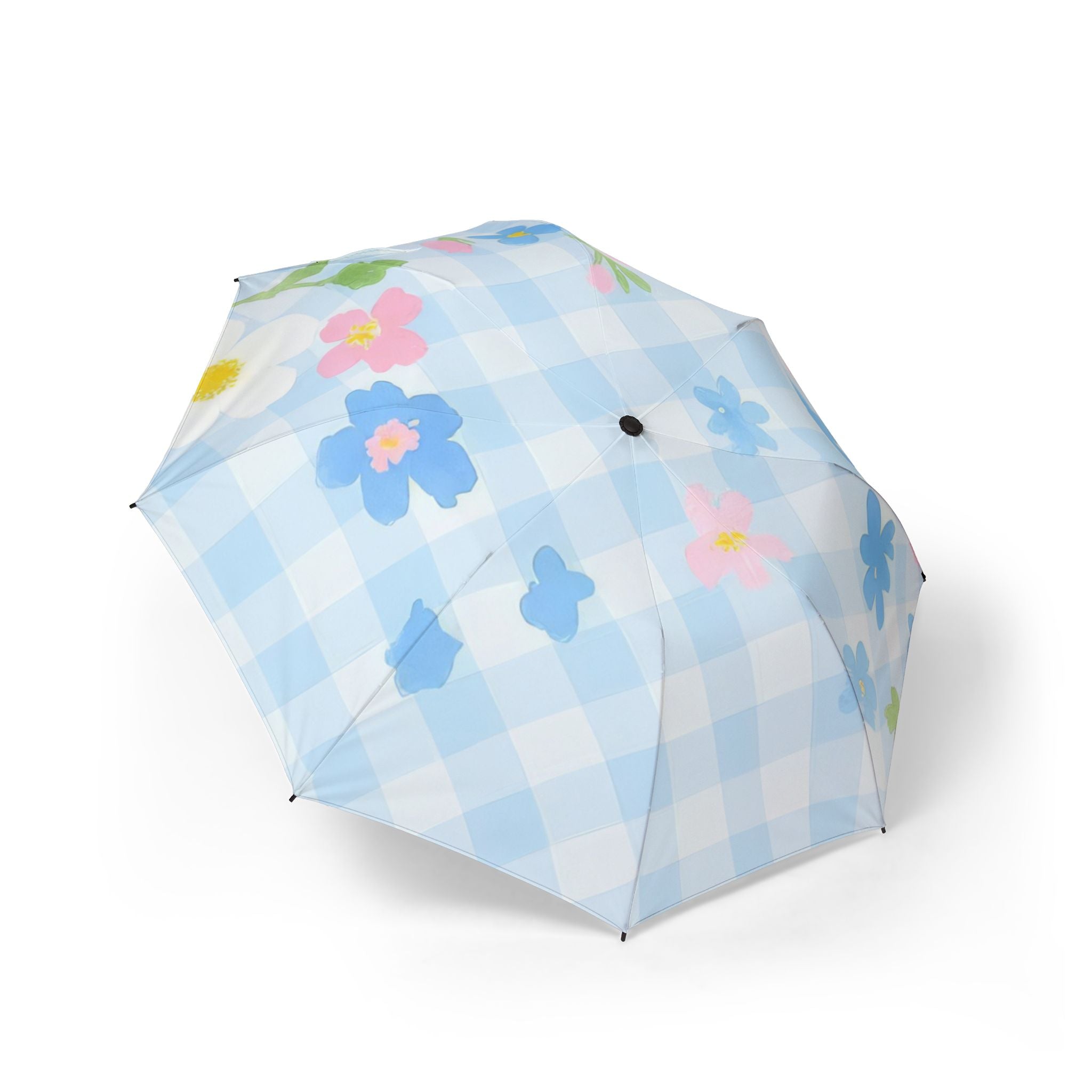 Light Blue Gingham Floral Umbrella, Artsulli - Art is Long, Life is Short, Accessories, Size, One size, , , , , 87285497462075395170