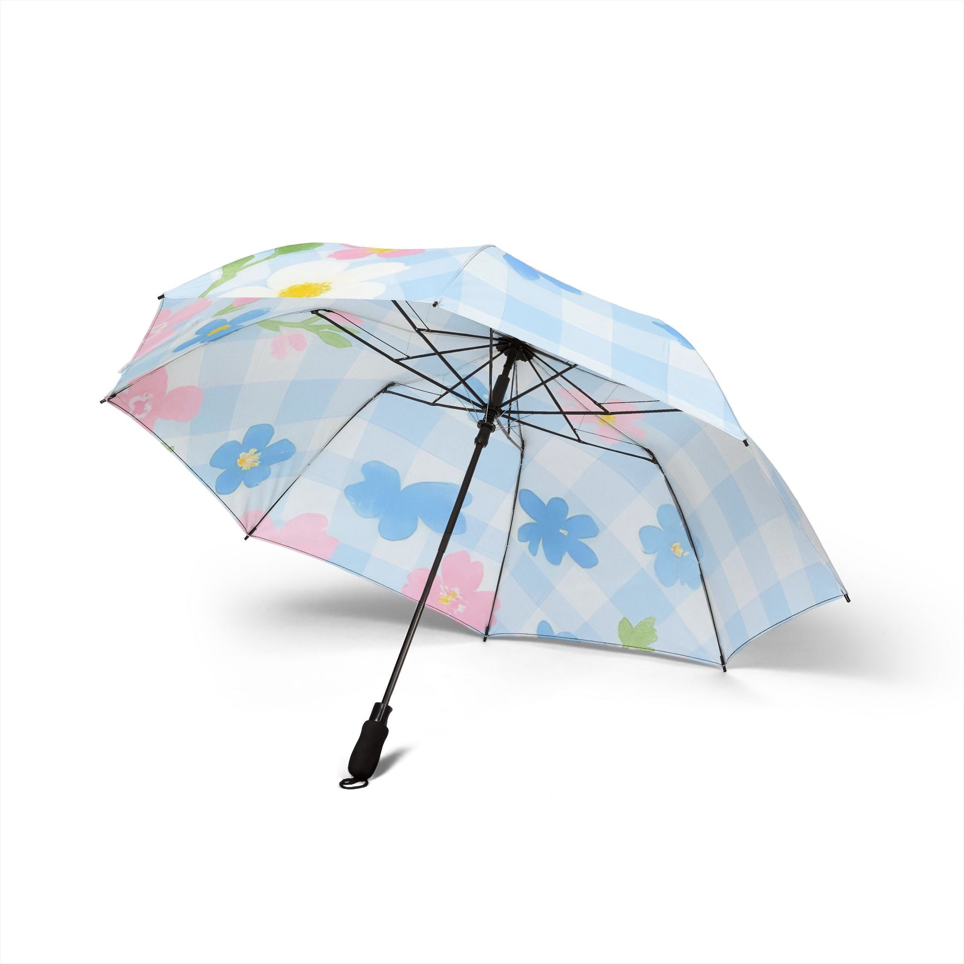 Light Blue Gingham Floral Umbrella, Artsulli - Art is Long, Life is Short, Accessories, , , , , , , 