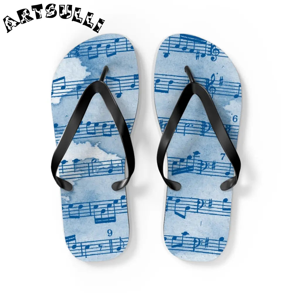 Light Blue Music Note Flip Flops, Artsulli - Art is Long, Life is Short, Shoes, Size, L, Color, Black sole, , , 95433214948084500538