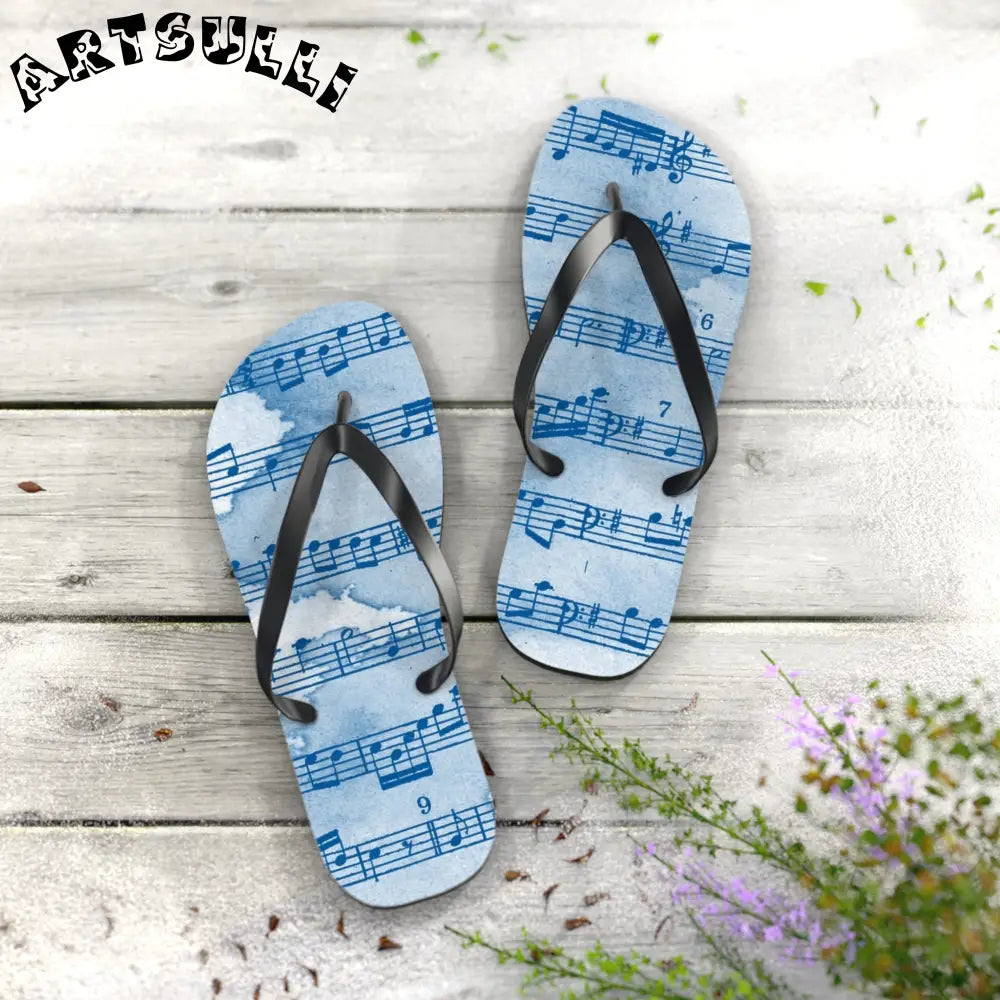 Light Blue Music Note Flip Flops, Artsulli - Art is Long, Life is Short, Shoes, , , , , , , 