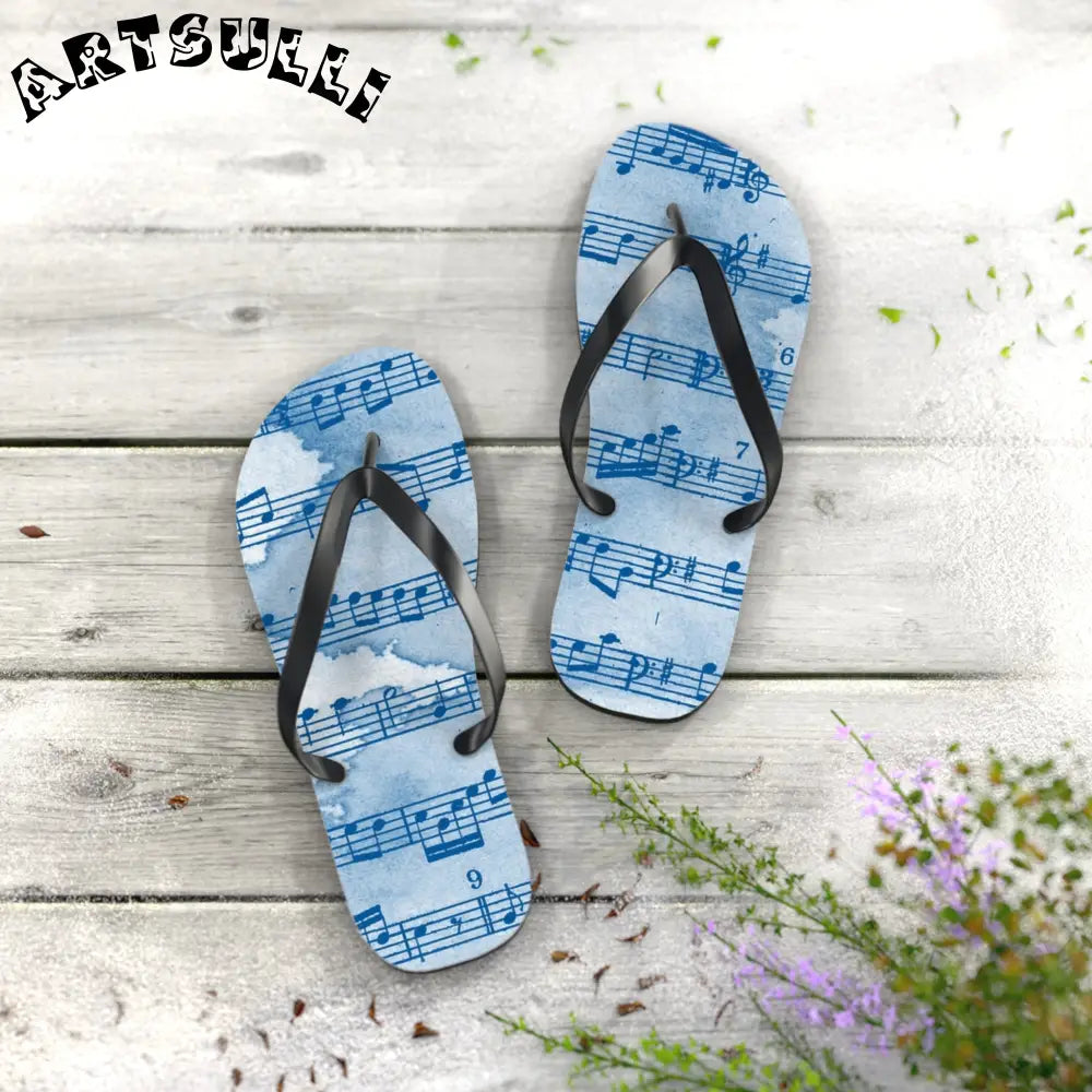 Light Blue Music Note Flip Flops, Artsulli - Art is Long, Life is Short, Shoes, , , , , , , 
