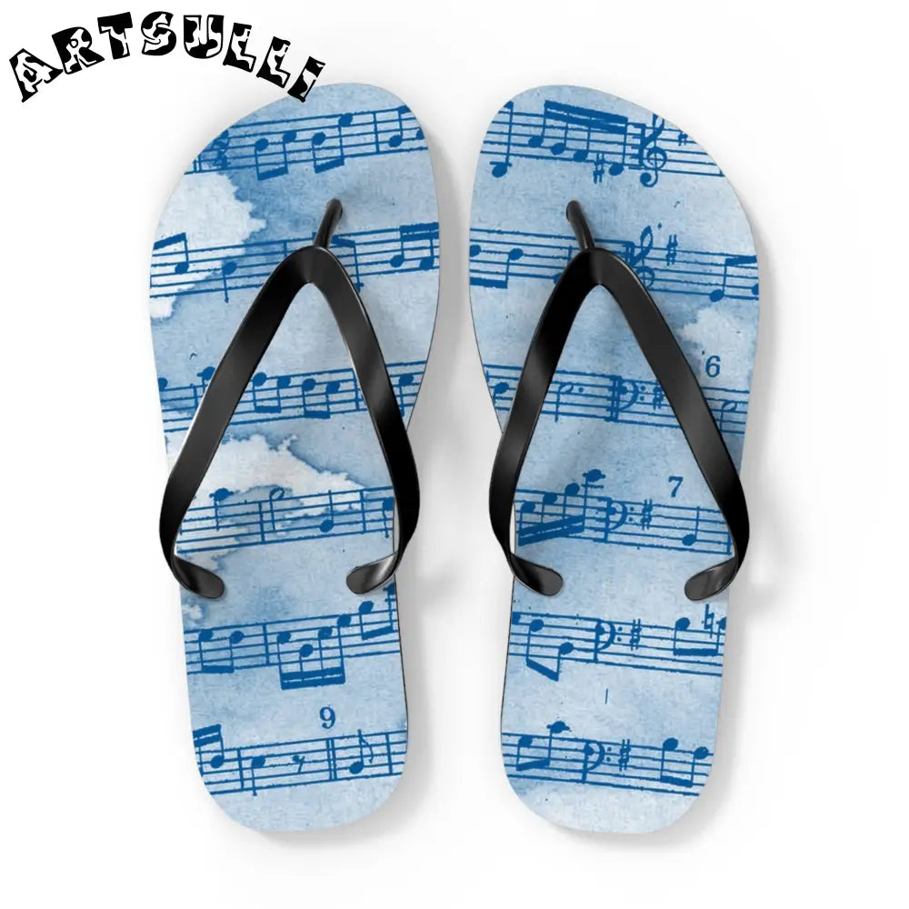Light Blue Music Note Flip Flops, Artsulli - Art is Long, Life is Short, Shoes, Size, XL, Color, Black sole, , , 64390380077969766100