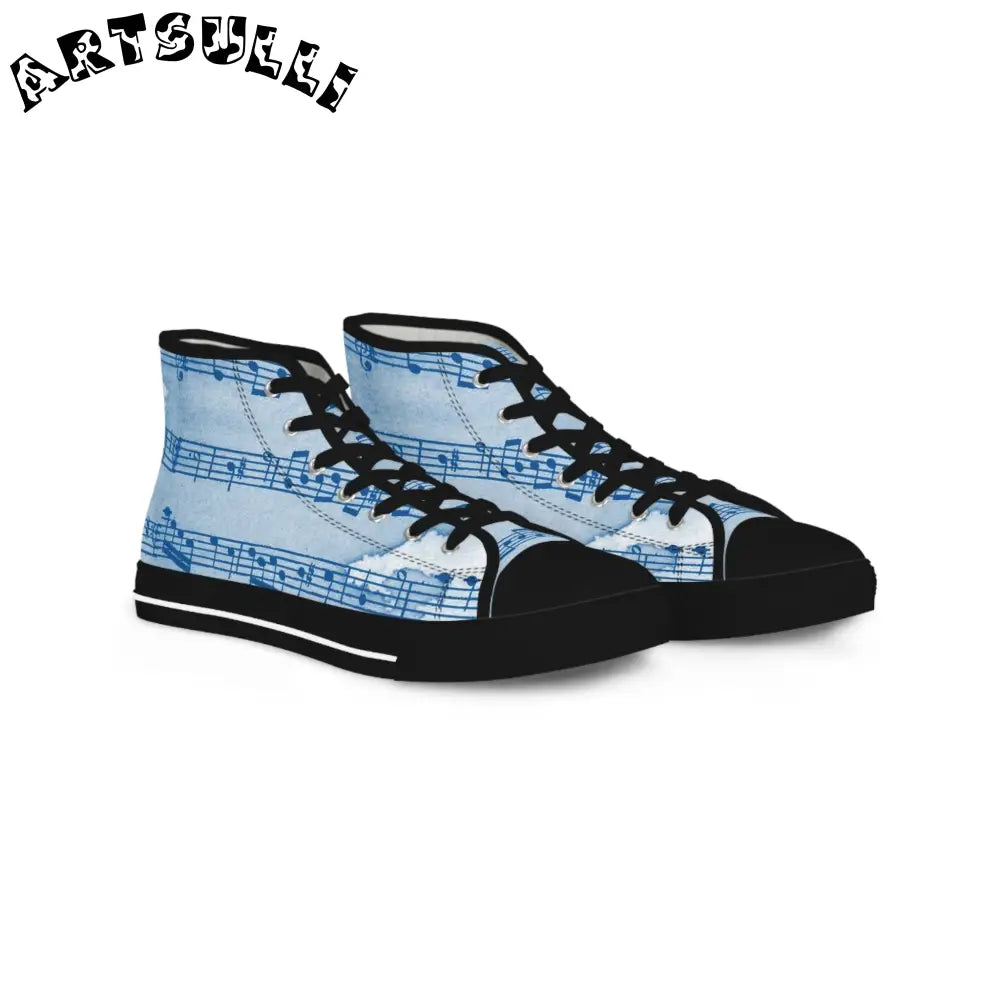 Light Blue Musical Staff High-Top Sneakers, Artsulli - Art is Long, Life is Short, Shoes, Size, US 5, Color, Black sole, , , 18969541136700079510
