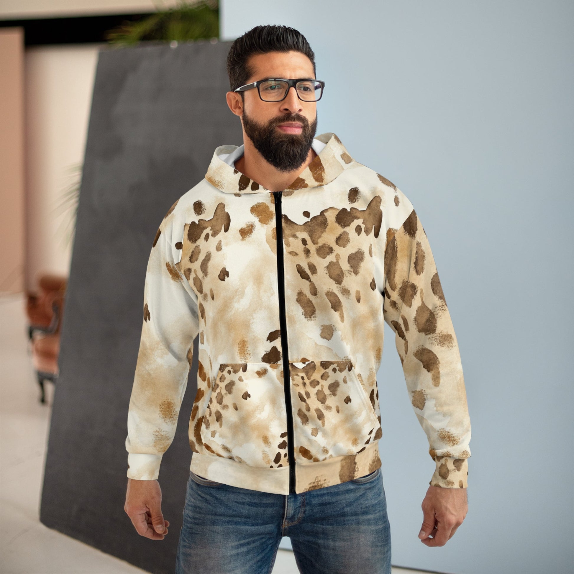 Light Brown Leopard Print Zip Hoodie, Artsulli - Art is Long, Life is Short, All Over Prints, , , , , , , 