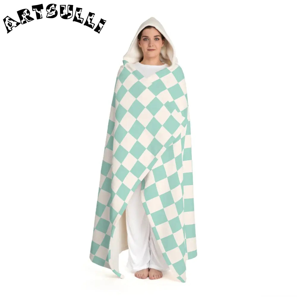 Light Green Checkerboard Hooded Sherpa Fleece Blanket, Artsulli - Art is Long, Life is Short, All Over Prints, , , , , , , 