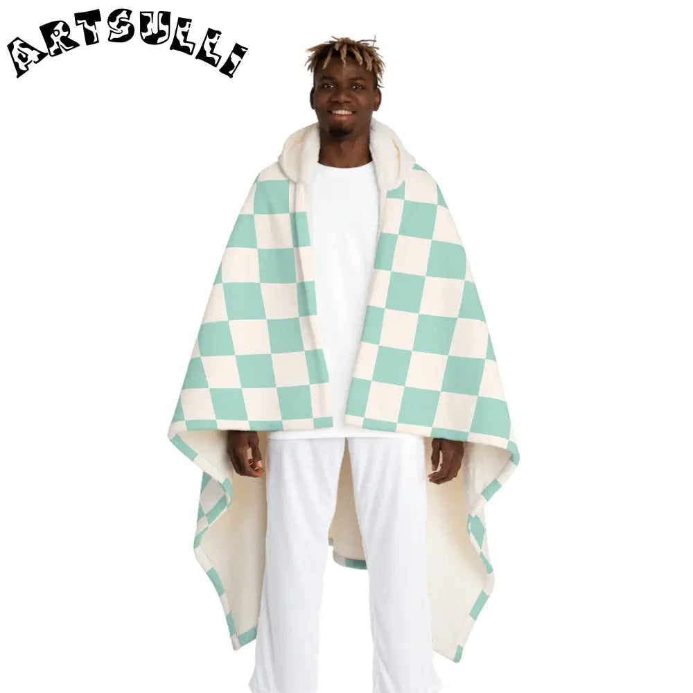 Light Green Checkerboard Hooded Sherpa Fleece Blanket, Artsulli - Art is Long, Life is Short, All Over Prints, Size, One size, Color, Cream, , , 17388866515594058425