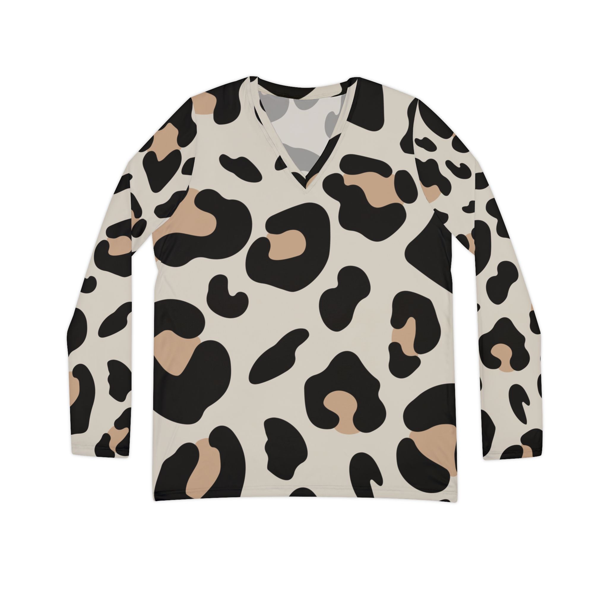 Long Sleeve V-Neck Leopard Print Top, Artsulli - Art is Long, Life is Short, All Over Prints, Size, XS, , , , , 32511972289975414358