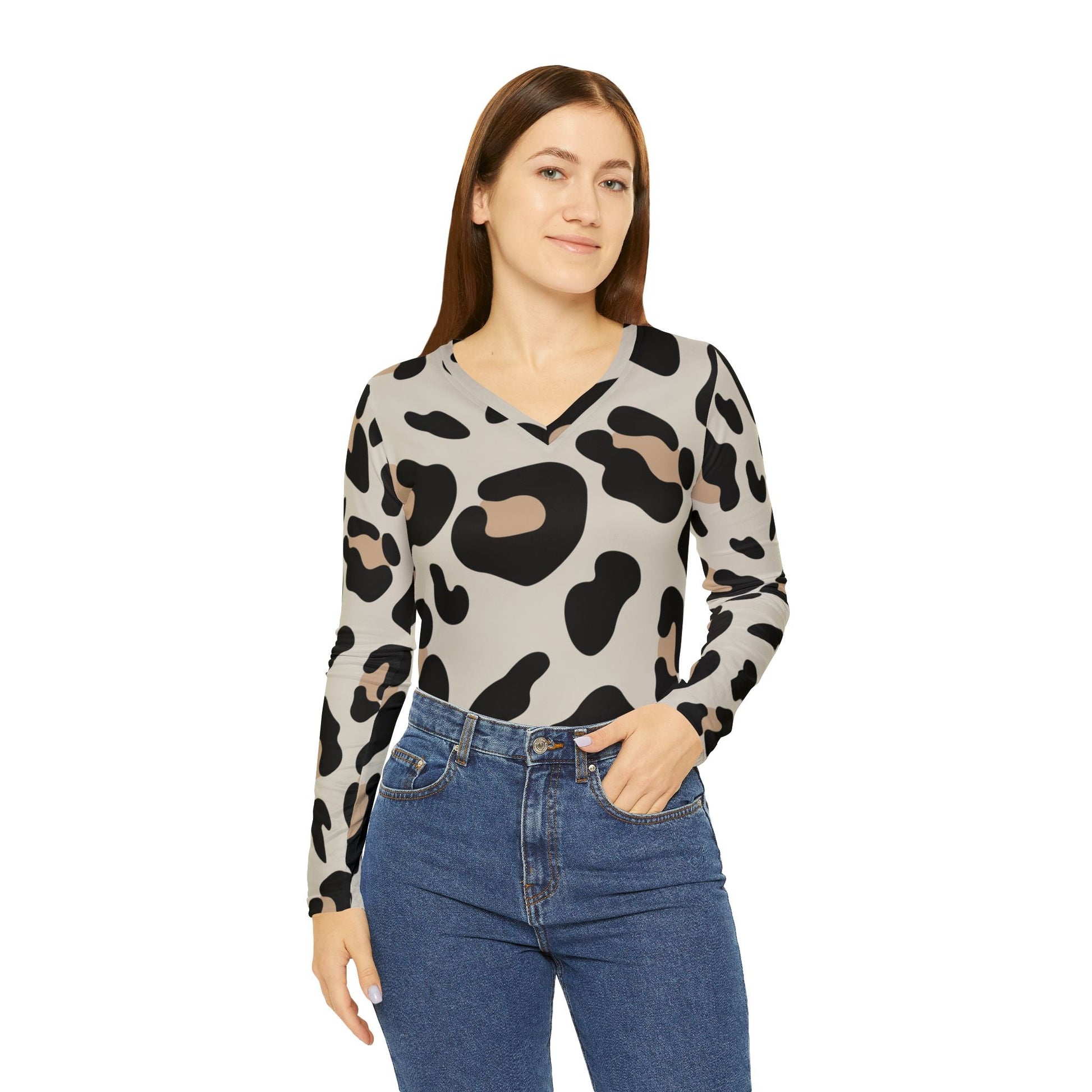 Long Sleeve V-Neck Leopard Print Top, Artsulli - Art is Long, Life is Short, All Over Prints, , , , , , , 