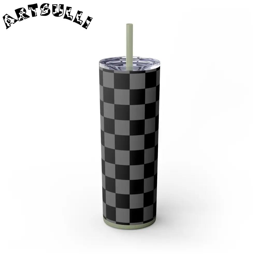 Maars Black and Gray Checkered Skinny Tumbler, Artsulli - Art is Long, Life is Short, Mug, Finish, Glossy, Color, Glitter Seascape, Size, 20oz, 15509190128743994936
