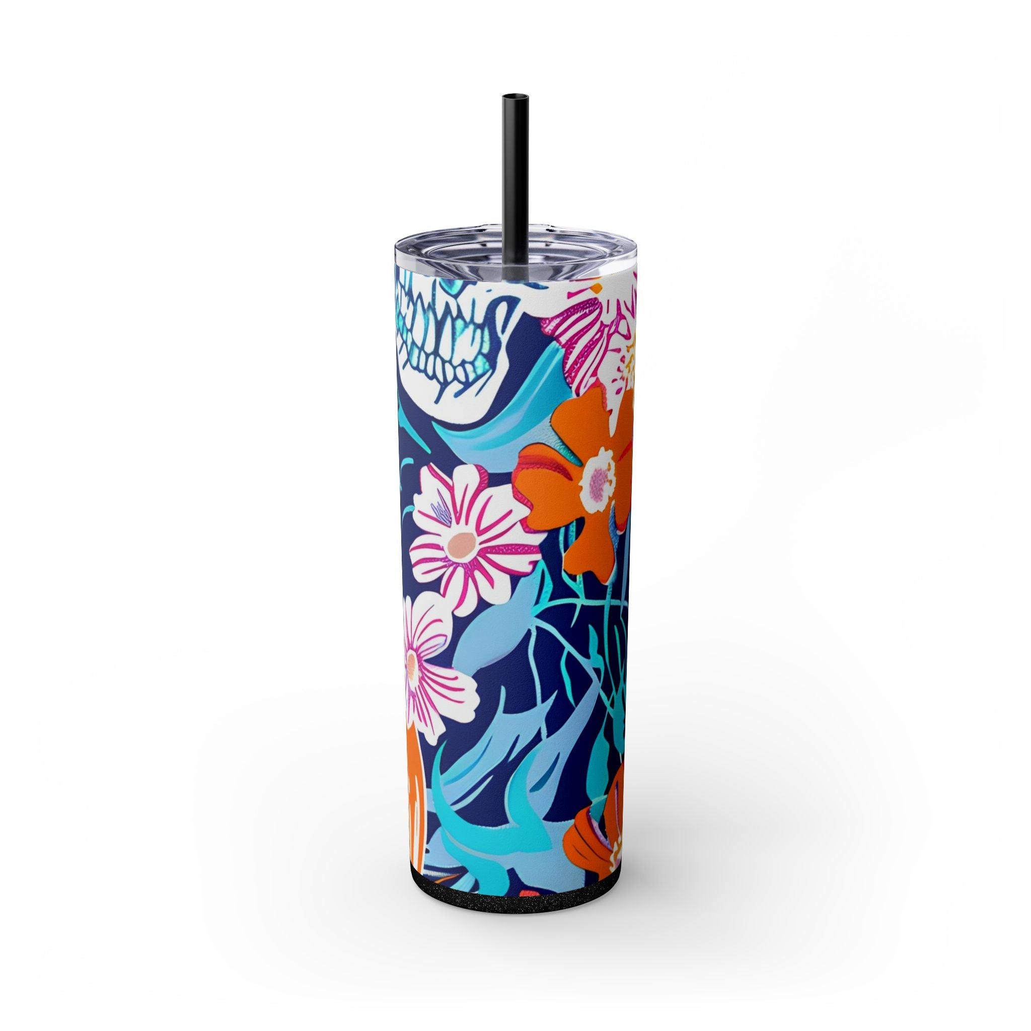 Maars Floral Skull Skinny Tumbler, Artsulli - Art is Long, Life is Short, Mug, Finish, Glossy, Color, Glitter Black, Size, 20oz, 31690001054412621866