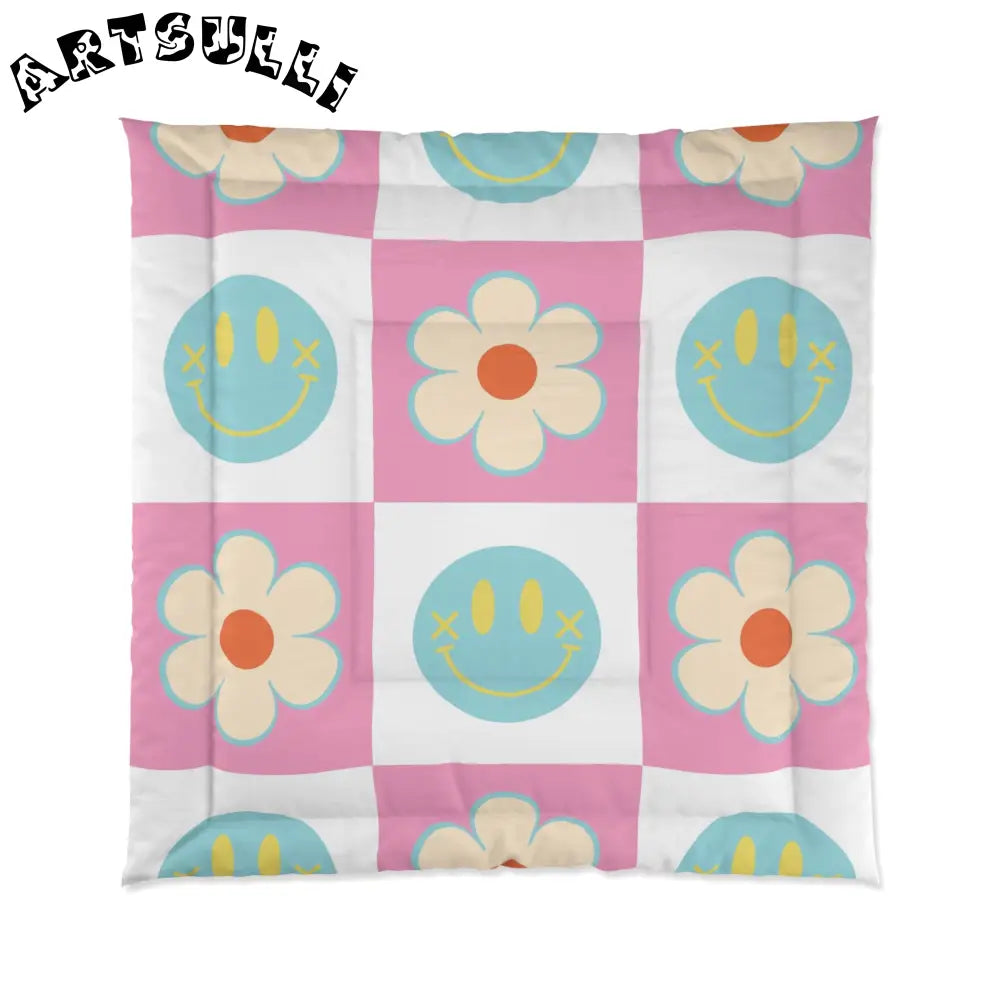 Madotsukis Grin Bloom Checkerboard Comforter, Artsulli - Art is Long, Life is Short, Home Decor, Size, 88" × 88", , , , , 28479175678456129749