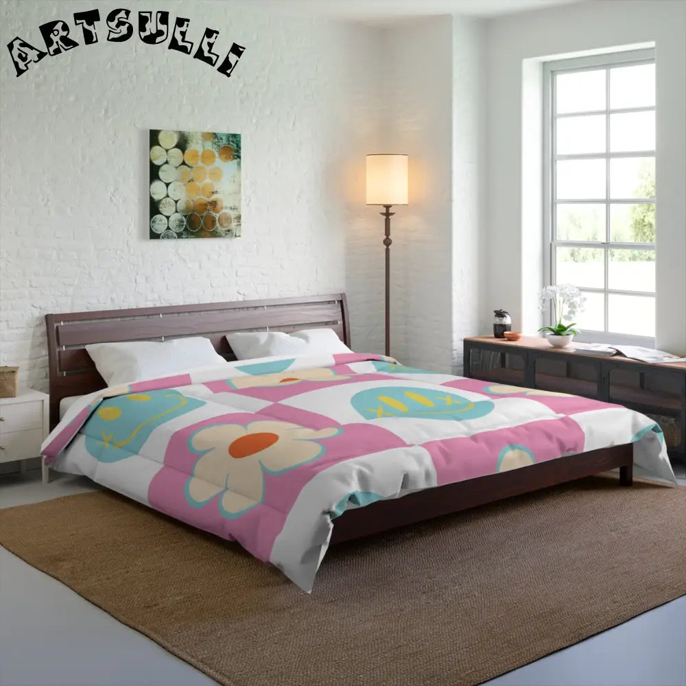 Madotsukis Grin Bloom Checkerboard Comforter, Artsulli - Art is Long, Life is Short, Home Decor, , , , , , , 