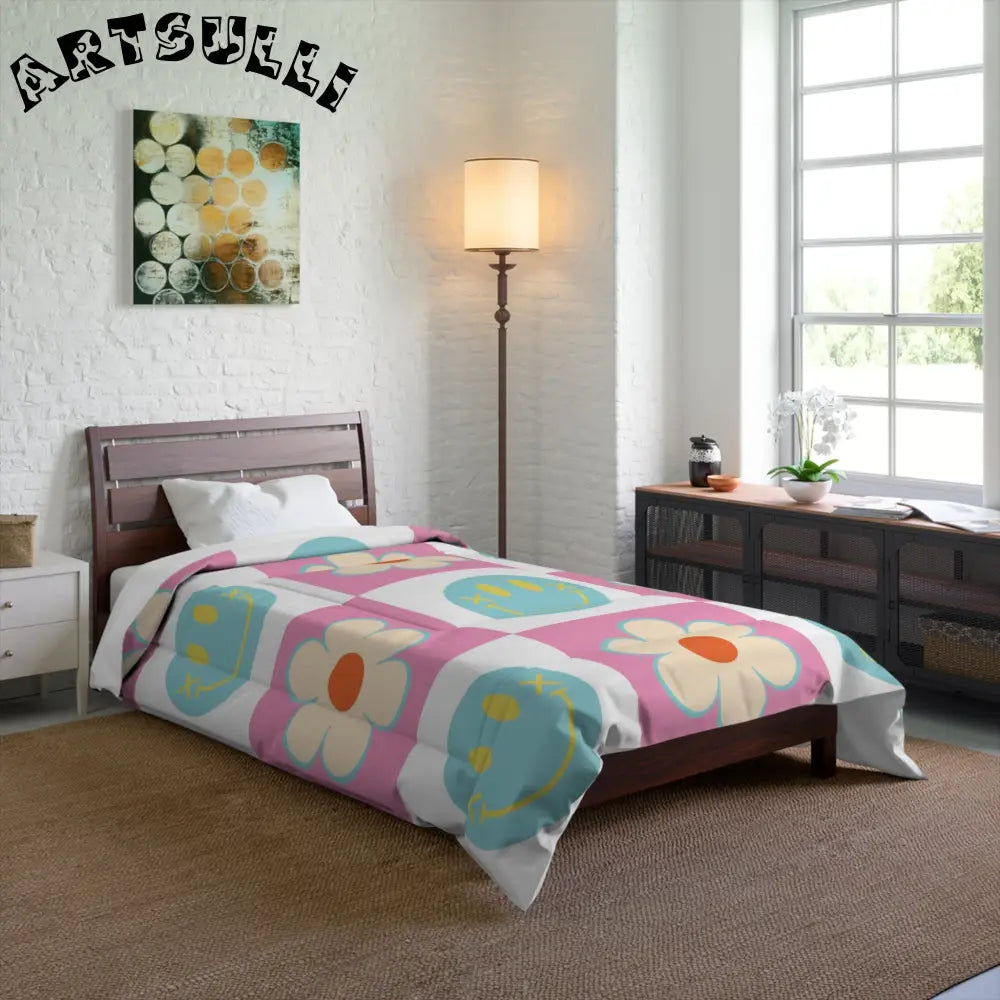 Madotsukis Grin Bloom Checkerboard Comforter, Artsulli - Art is Long, Life is Short, Home Decor, , , , , , , 
