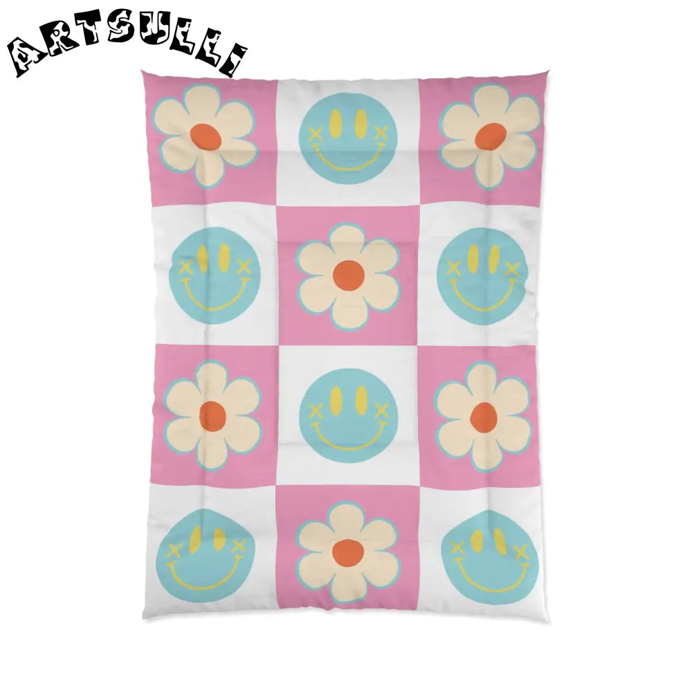 Madotsukis Grin Bloom Checkerboard Comforter, Artsulli - Art is Long, Life is Short, Home Decor, Size, 68" × 92", , , , , 33676759360915886195