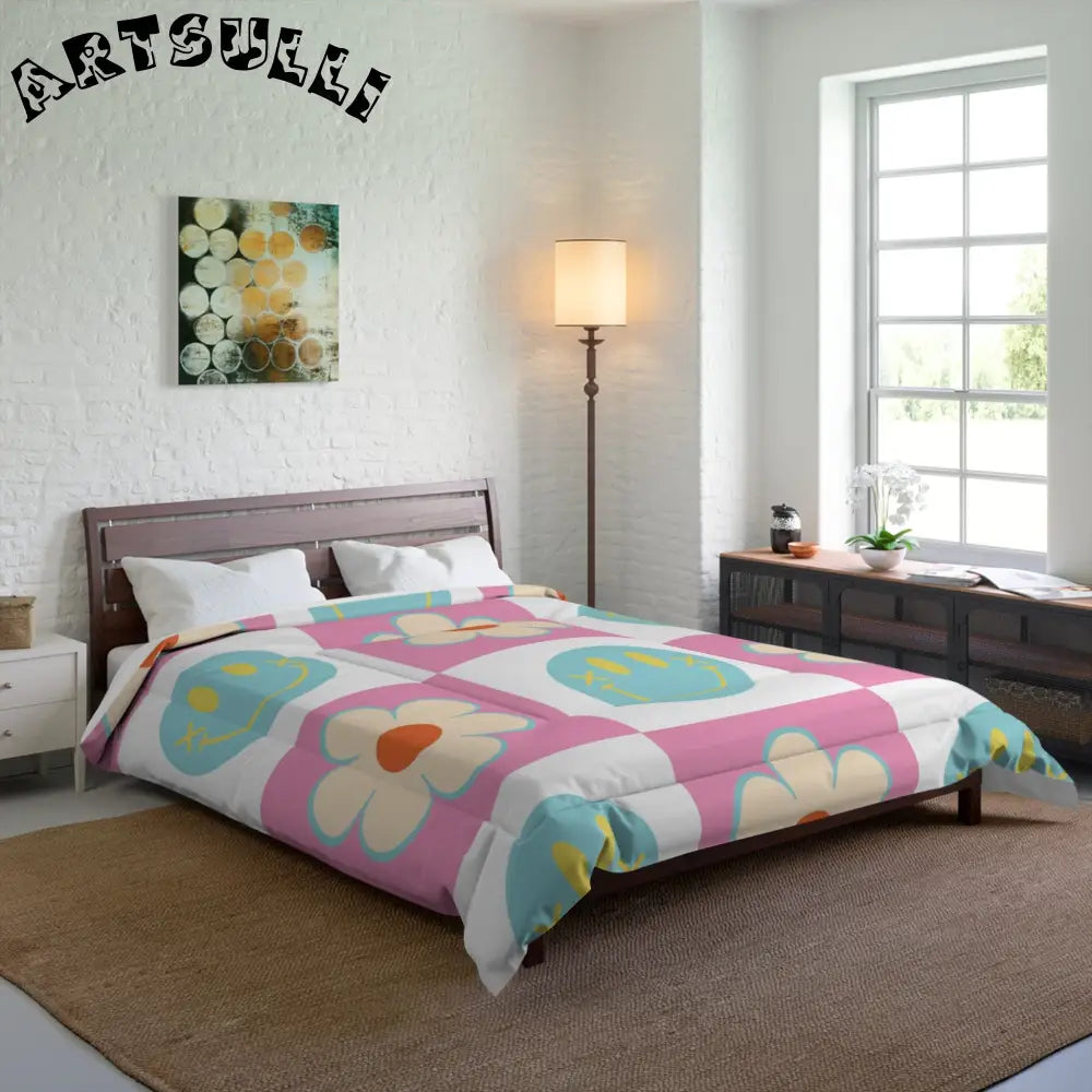 Madotsukis Grin Bloom Checkerboard Comforter, Artsulli - Art is Long, Life is Short, Home Decor, , , , , , , 