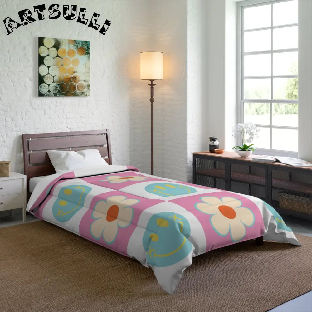 Madotsukis Grin Bloom Checkerboard Comforter, Artsulli - Art is Long, Life is Short, Home Decor, , , , , , , 