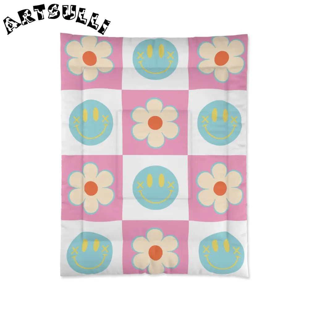 Madotsukis Grin Bloom Checkerboard Comforter, Artsulli - Art is Long, Life is Short, Home Decor, Size, 68" × 88", , , , , 32861725564419040030