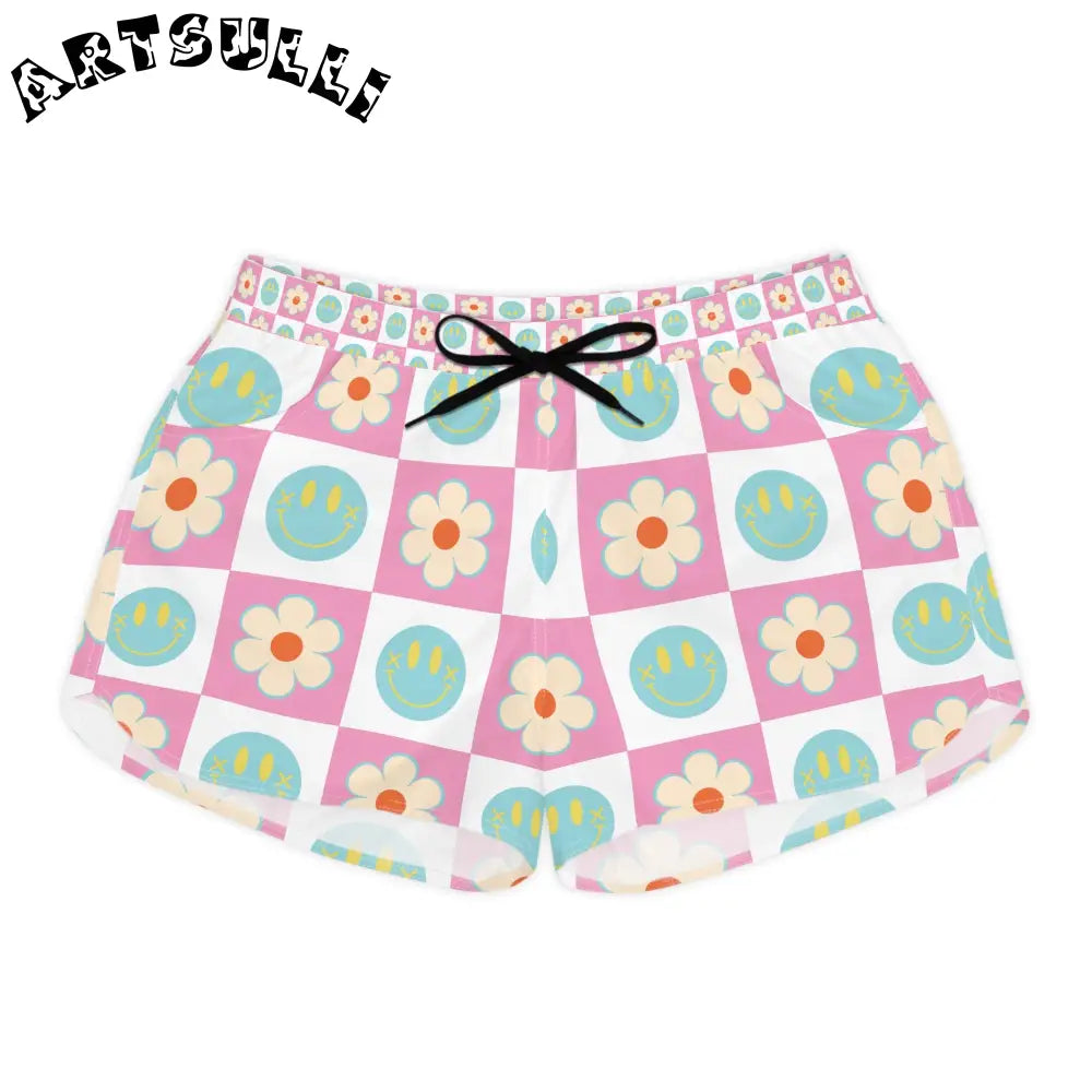 Madotsukis Grin Bloom Checkerboard Shorts, Artsulli - Art is Long, Life is Short, All Over Prints, Size, S, Color, Black drawstring, , , 28498211915880625279