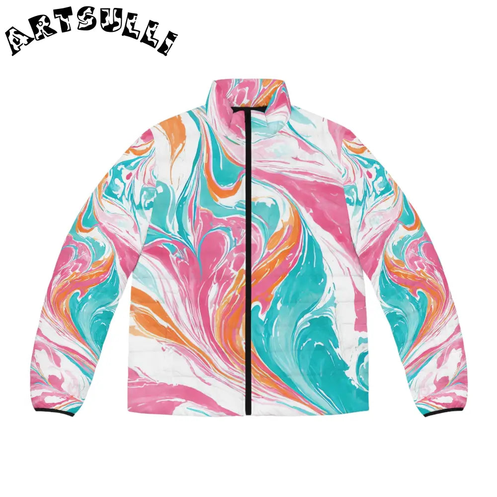 Marble Print Polyester Puffer Jacket, Artsulli - Art is Long, Life is Short, All Over Prints, Size, S, Color, Black zipper, , , 51245581360899967925