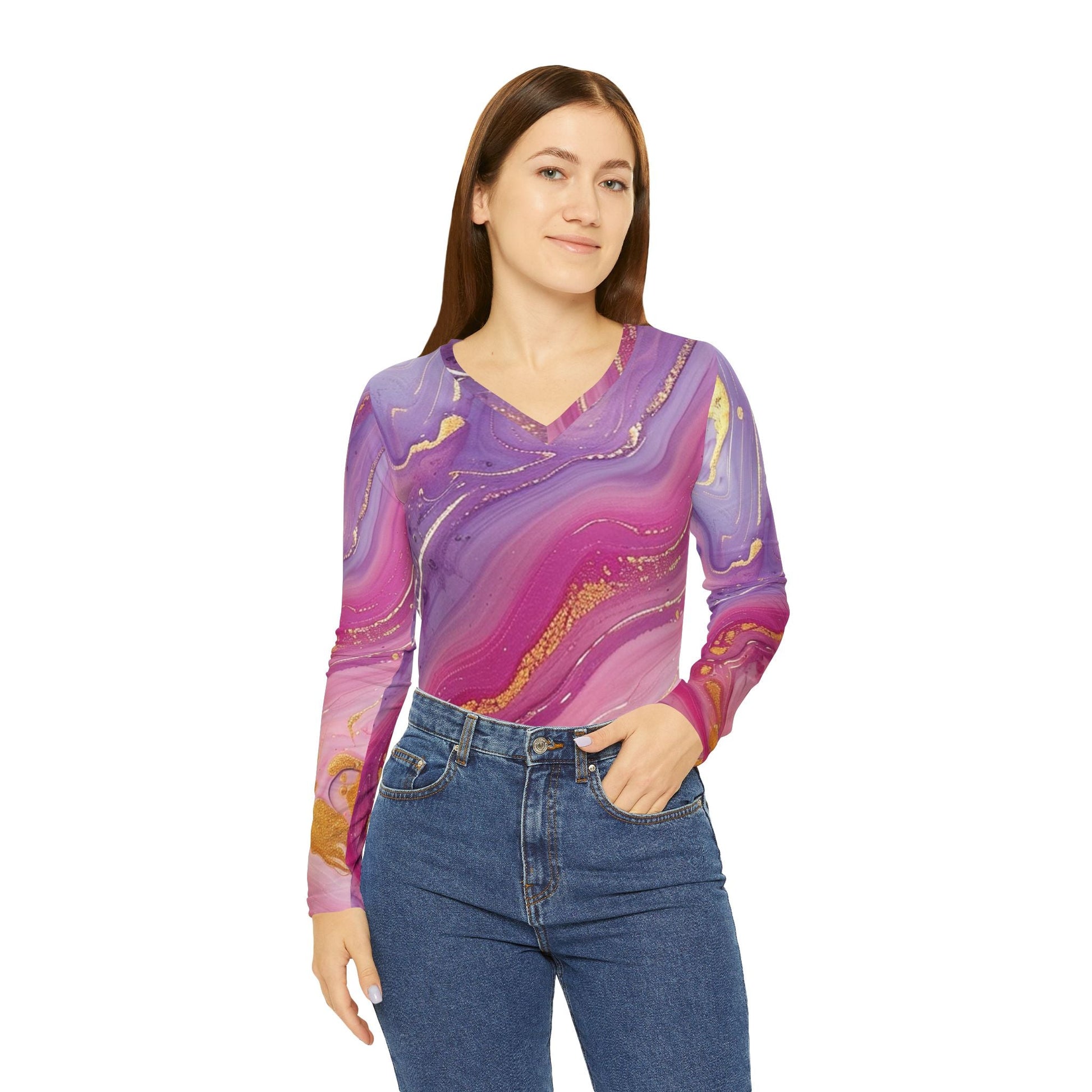 Marbled V-Neck Long Sleeve Shirt, Artsulli - Art is Long, Life is Short, All Over Prints, , , , , , , 
