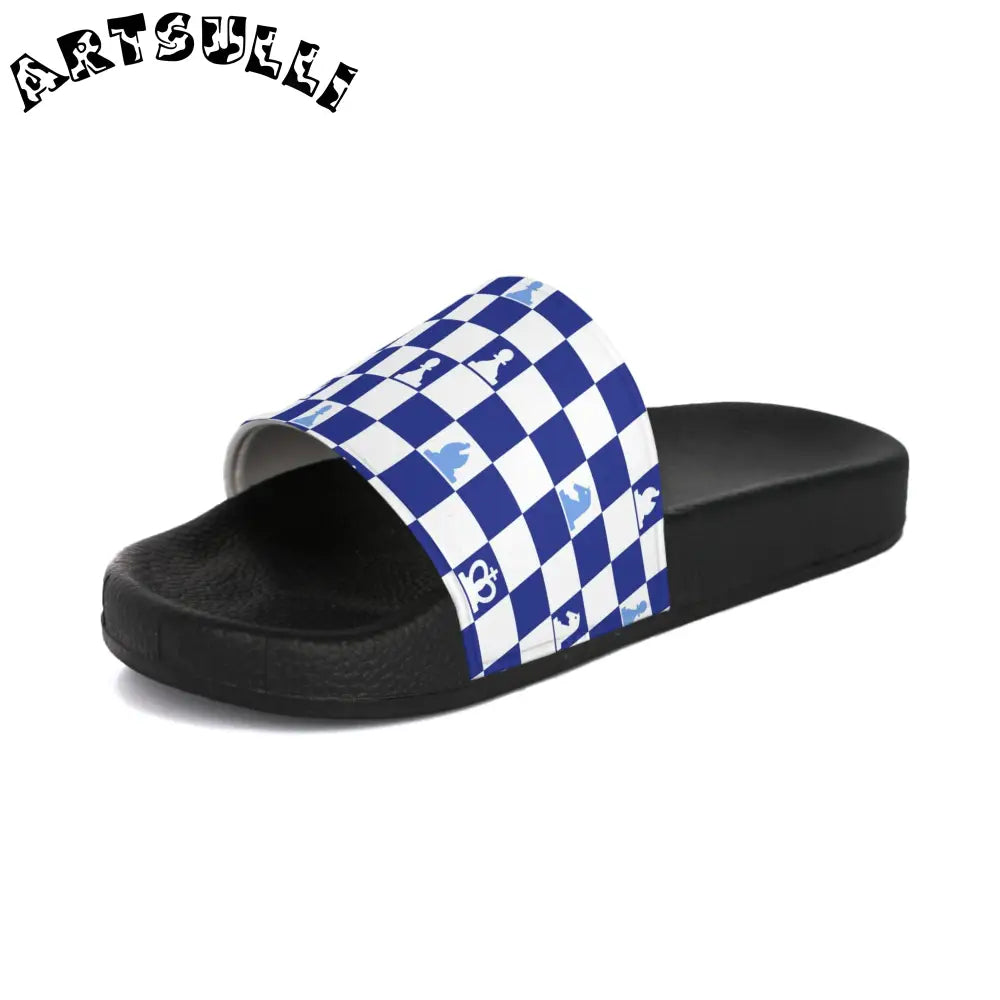 Men's Blue and White Checkered Slides, Artsulli - Art is Long, Life is Short, Shoes, , , , , , , 