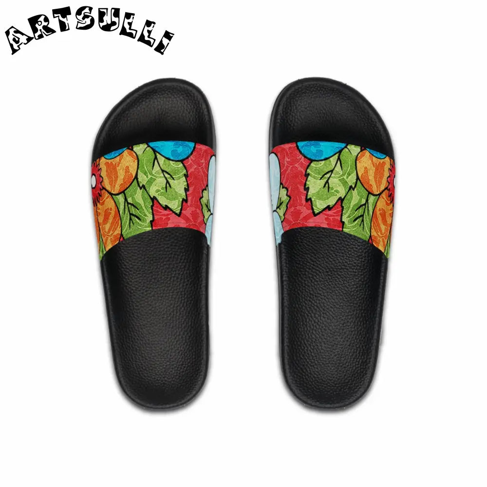 Men’s Custom Touch Groovy Red Floral Slides, Artsulli - Art is Long, Life is Short, Shoes, Color, Black sole, Size, US 6, , , 22020071992334144617
